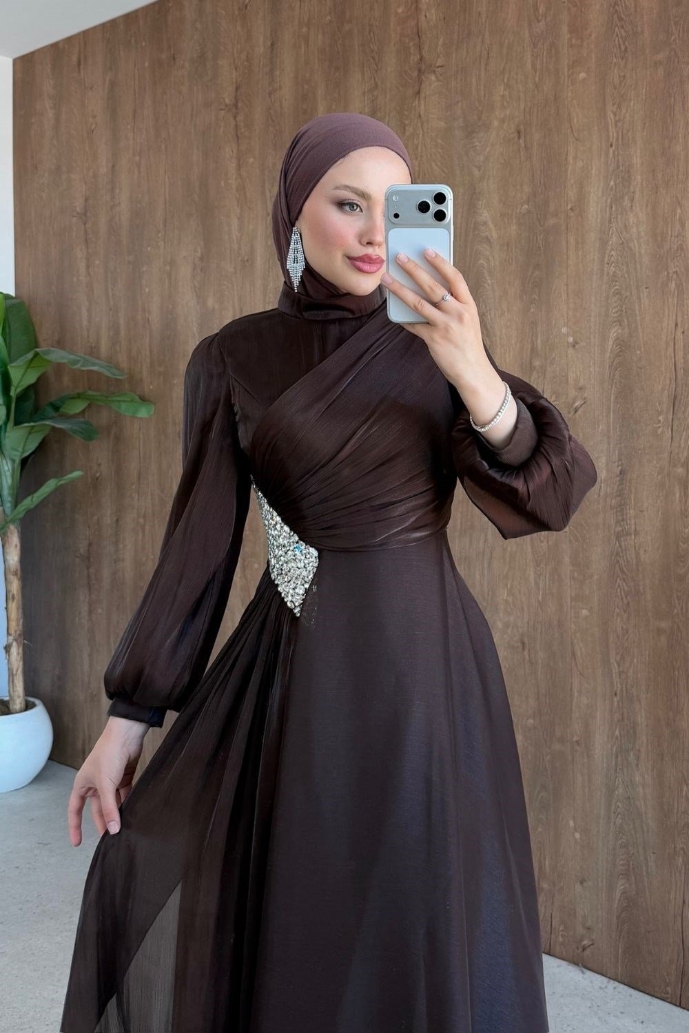 Kristal Drape Detay Abiye Kahverengi