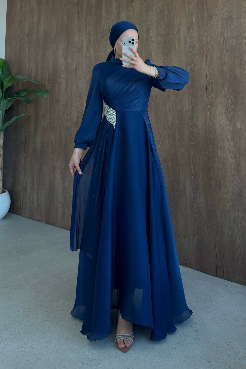 Kristal Drape Detay Abiye Lacivert