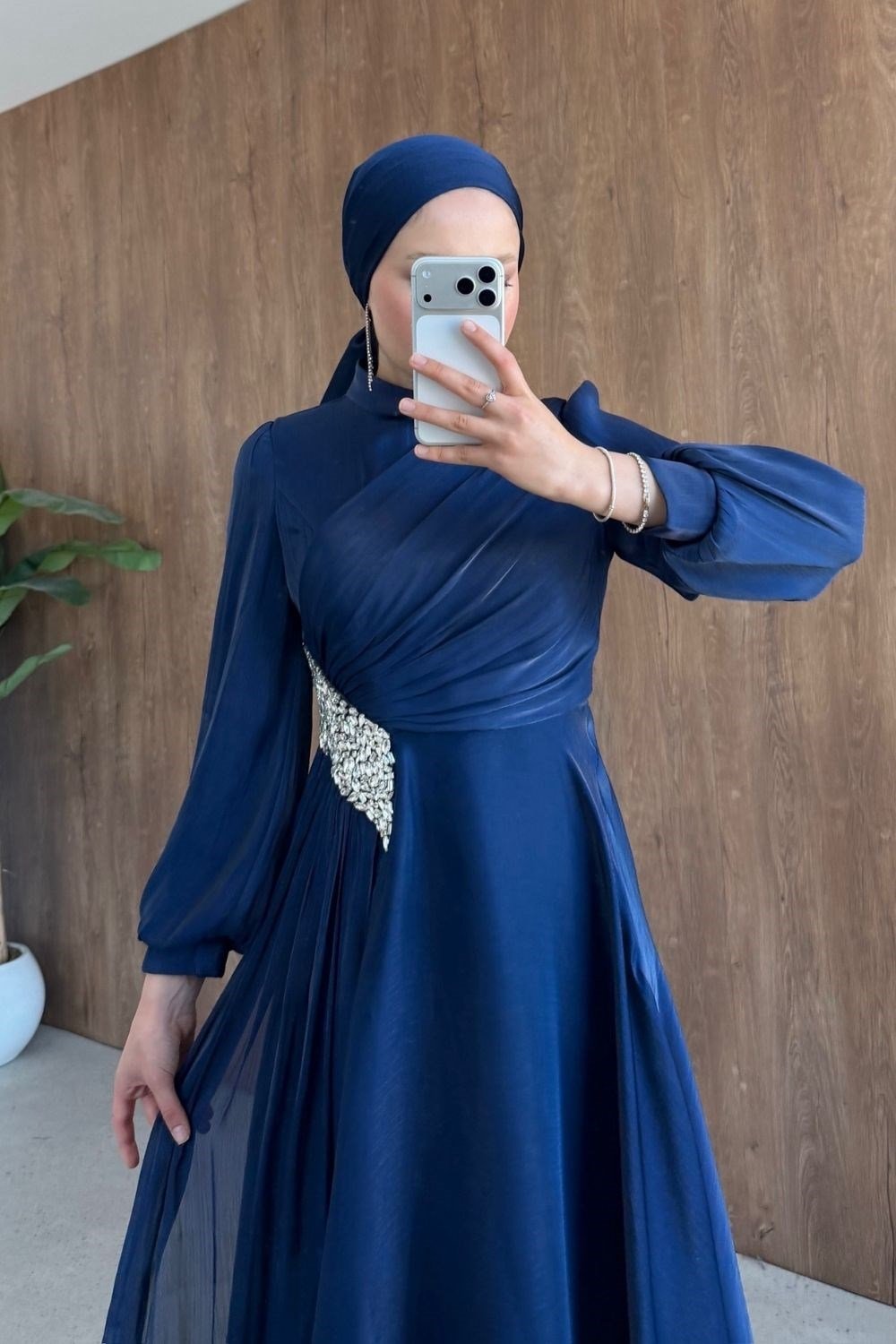 Kristal Drape Detay Abiye Lacivert