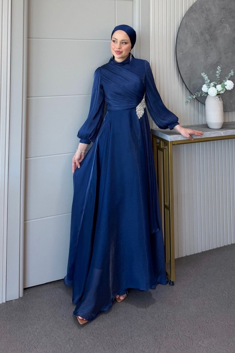 Kristal Drape Detay Abiye Lacivert