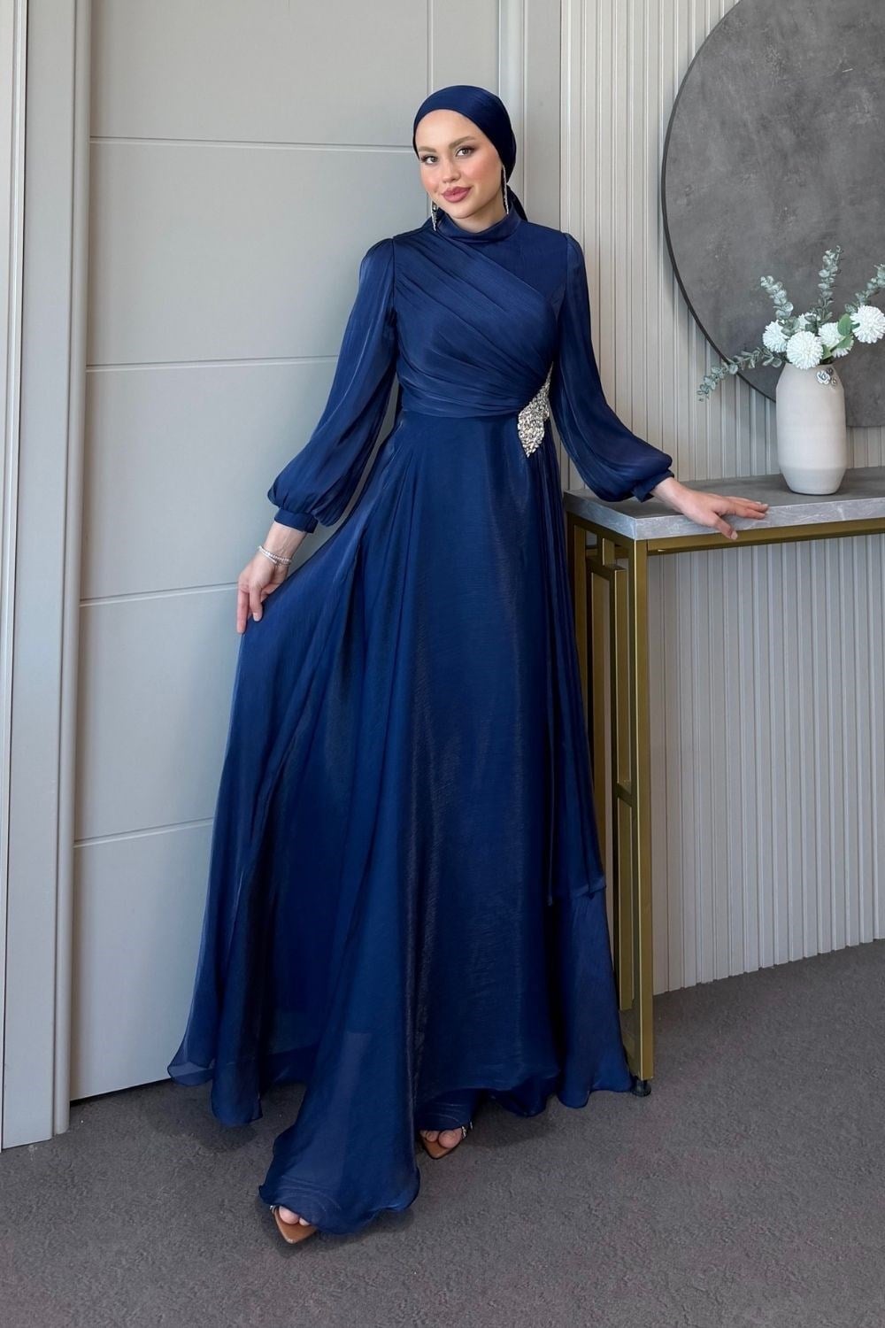 Kristal Drape Detay Abiye Lacivert