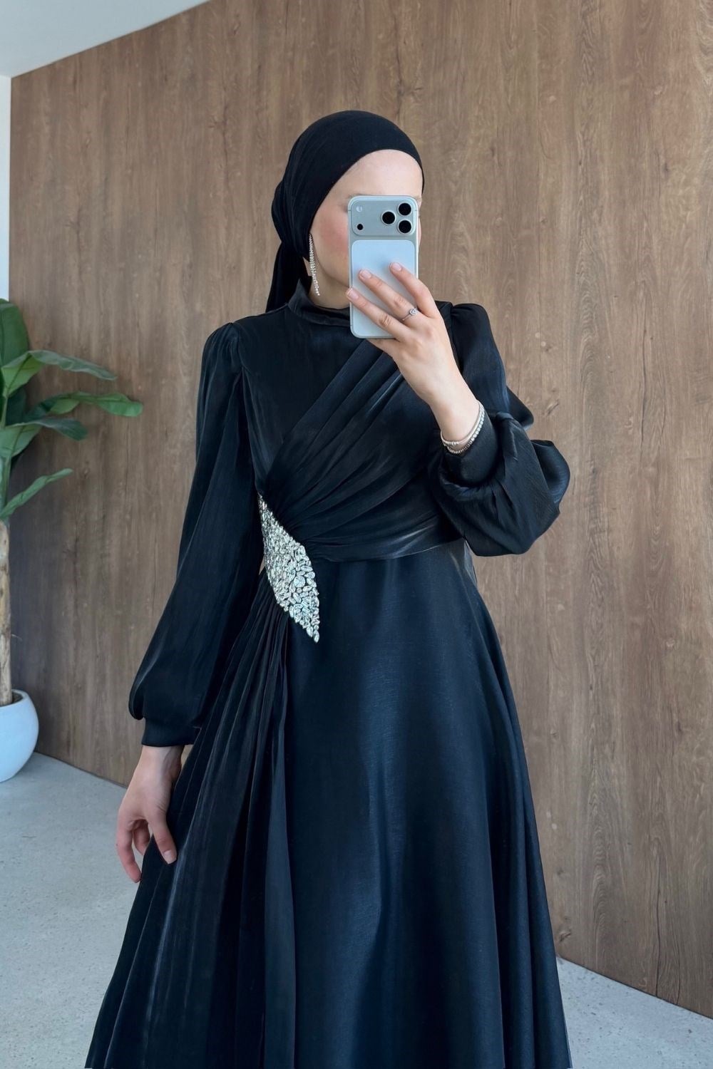 Kristal Drape Detay Abiye Siyah