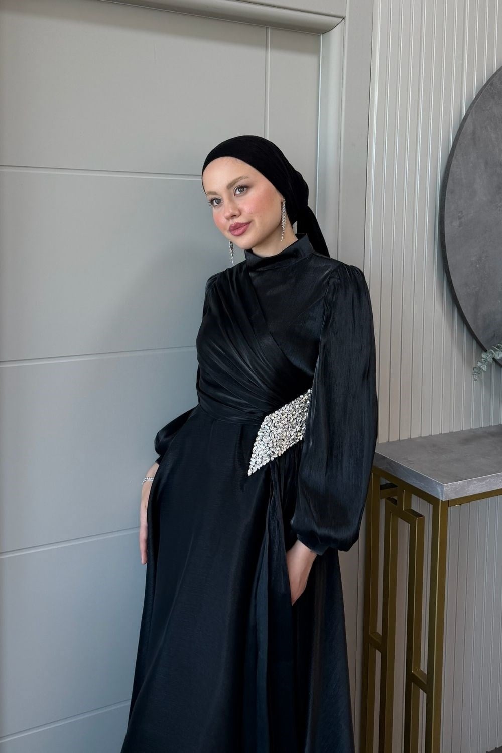 Kristal Drape Detay Abiye Siyah