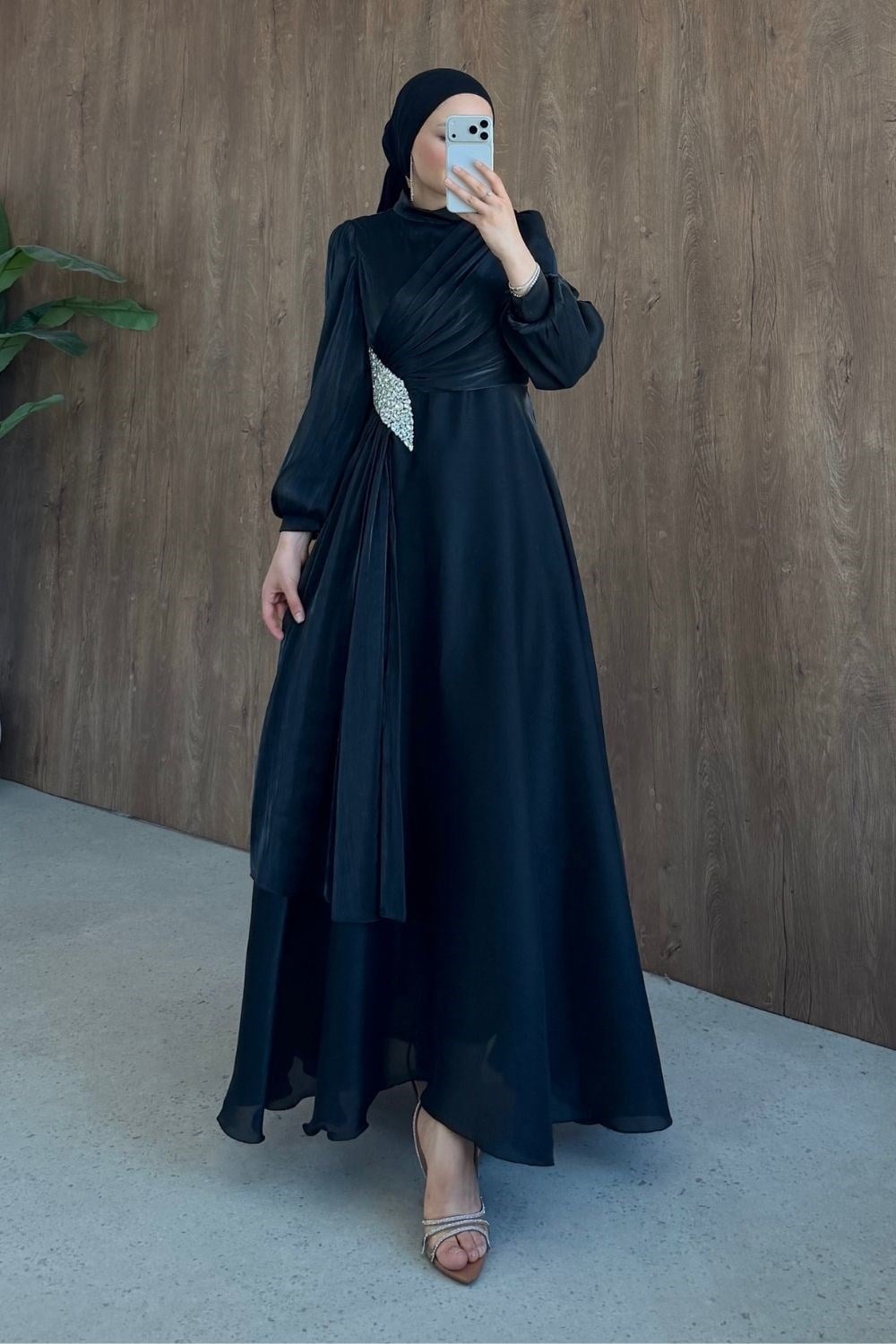 Kristal Drape Detay Abiye Siyah