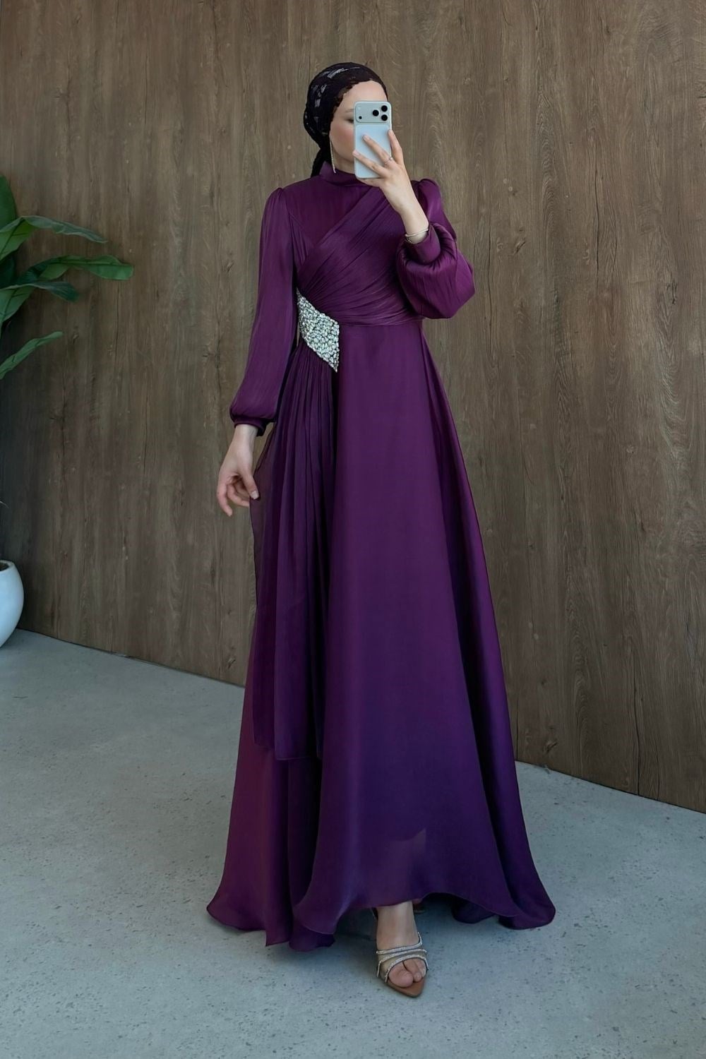 Kristal Drape Detay Abiye Vişne Çürüğü