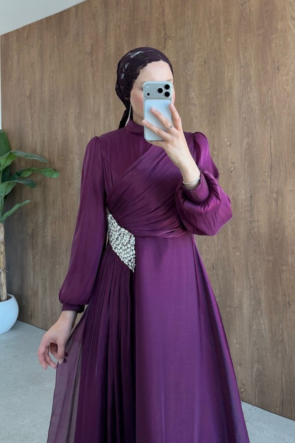 Kristal Drape Detay Abiye Vişne Çürüğü