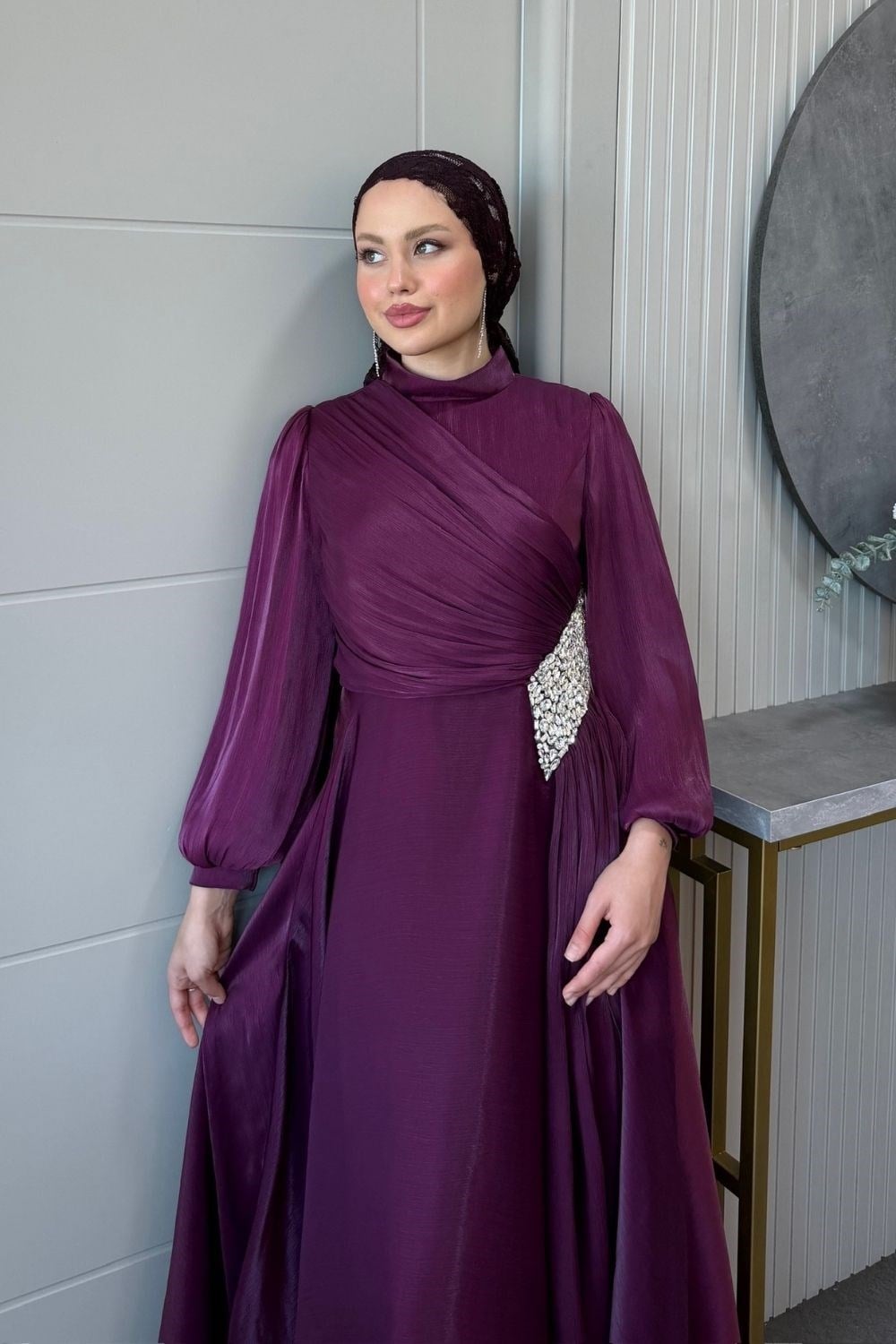 Kristal Drape Detay Abiye Vişne Çürüğü