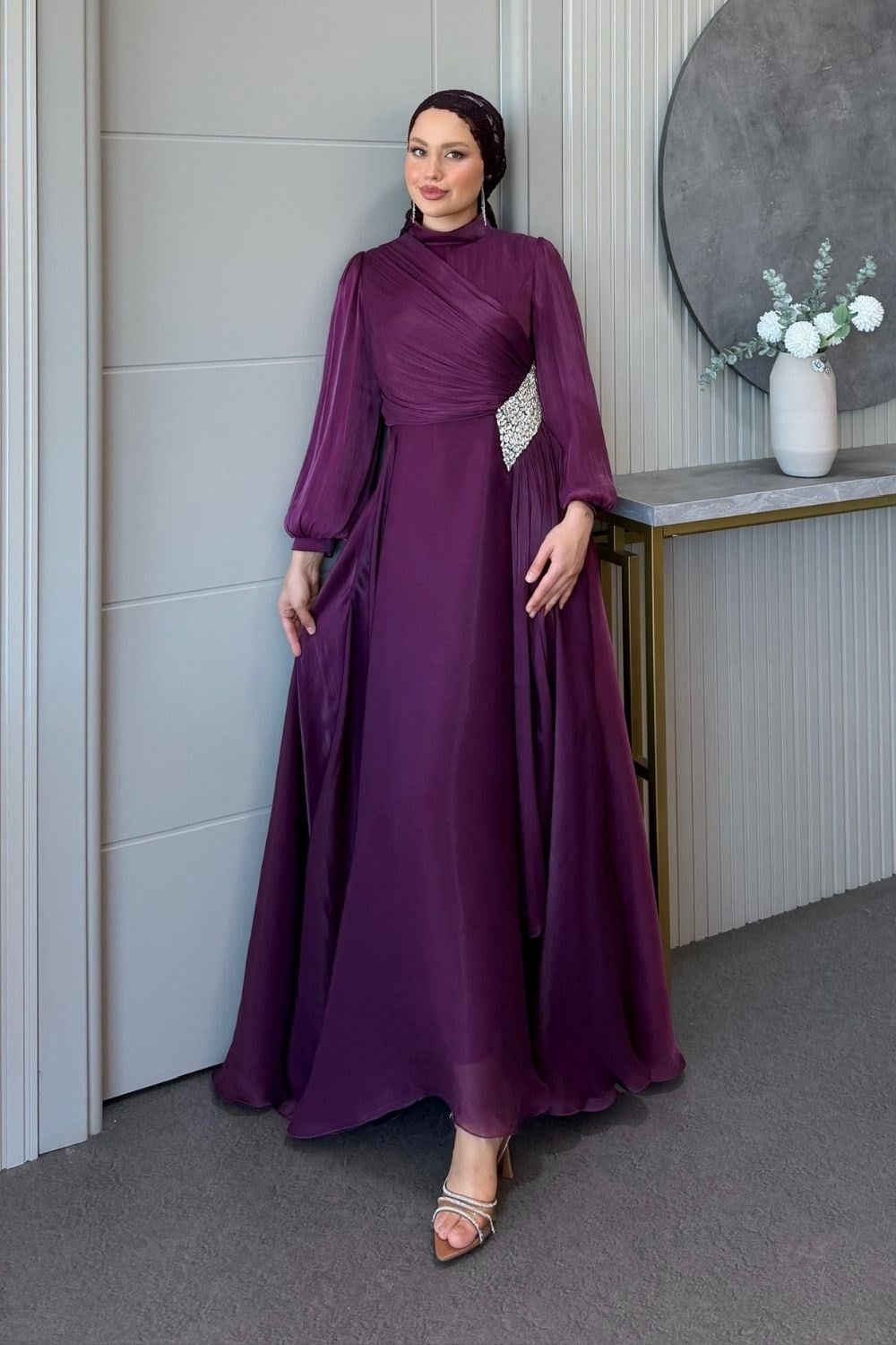 Kristal Drape Detay Abiye Vişne Çürüğü