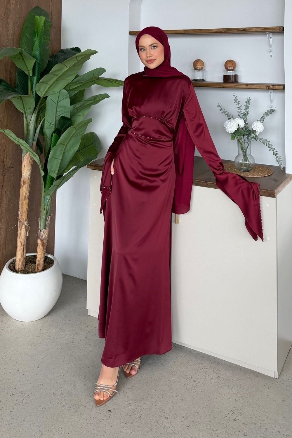 Moneva Kolları Yırtmaçlı Abiye Bordo