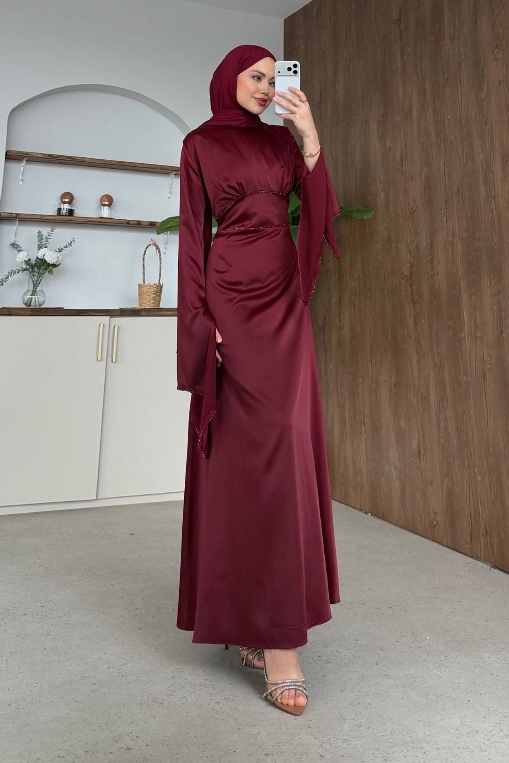 Moneva Kolları Yırtmaçlı Abiye Bordo