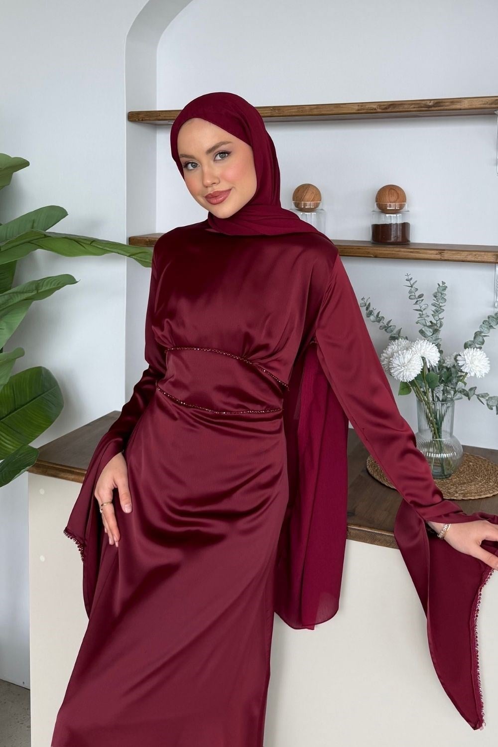 Moneva Kolları Yırtmaçlı Abiye Bordo