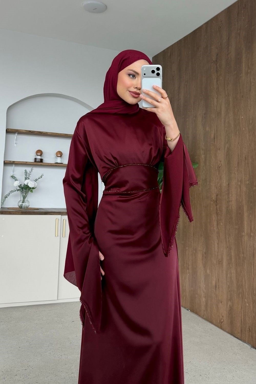 Moneva Kolları Yırtmaçlı Abiye Bordo