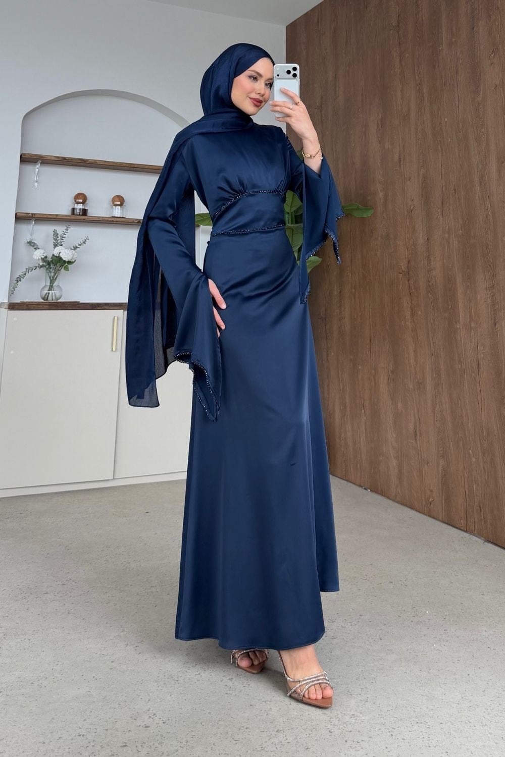 Moneva Kolları Yırtmaçlı Abiye Lacivert