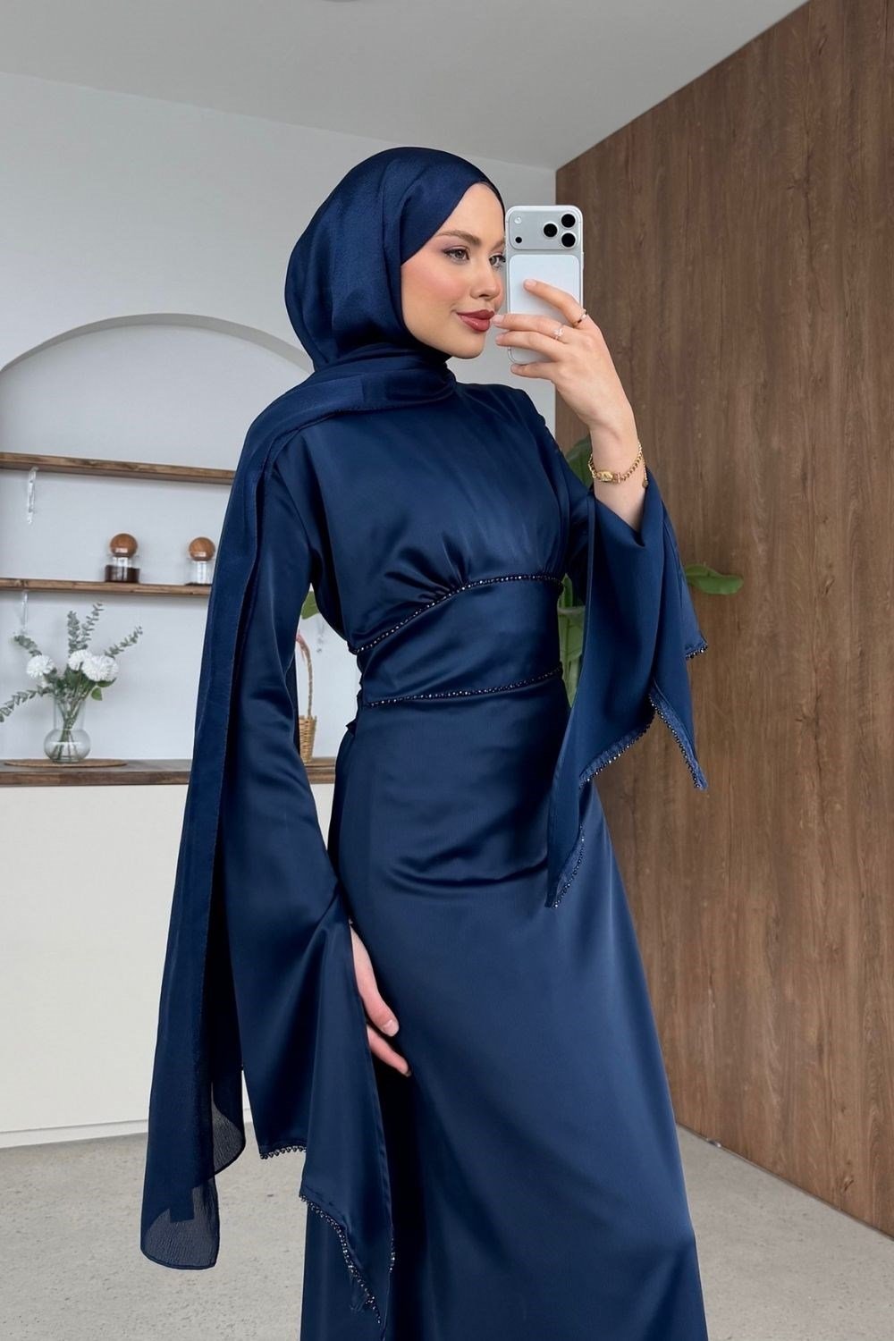 Moneva Kolları Yırtmaçlı Abiye Lacivert
