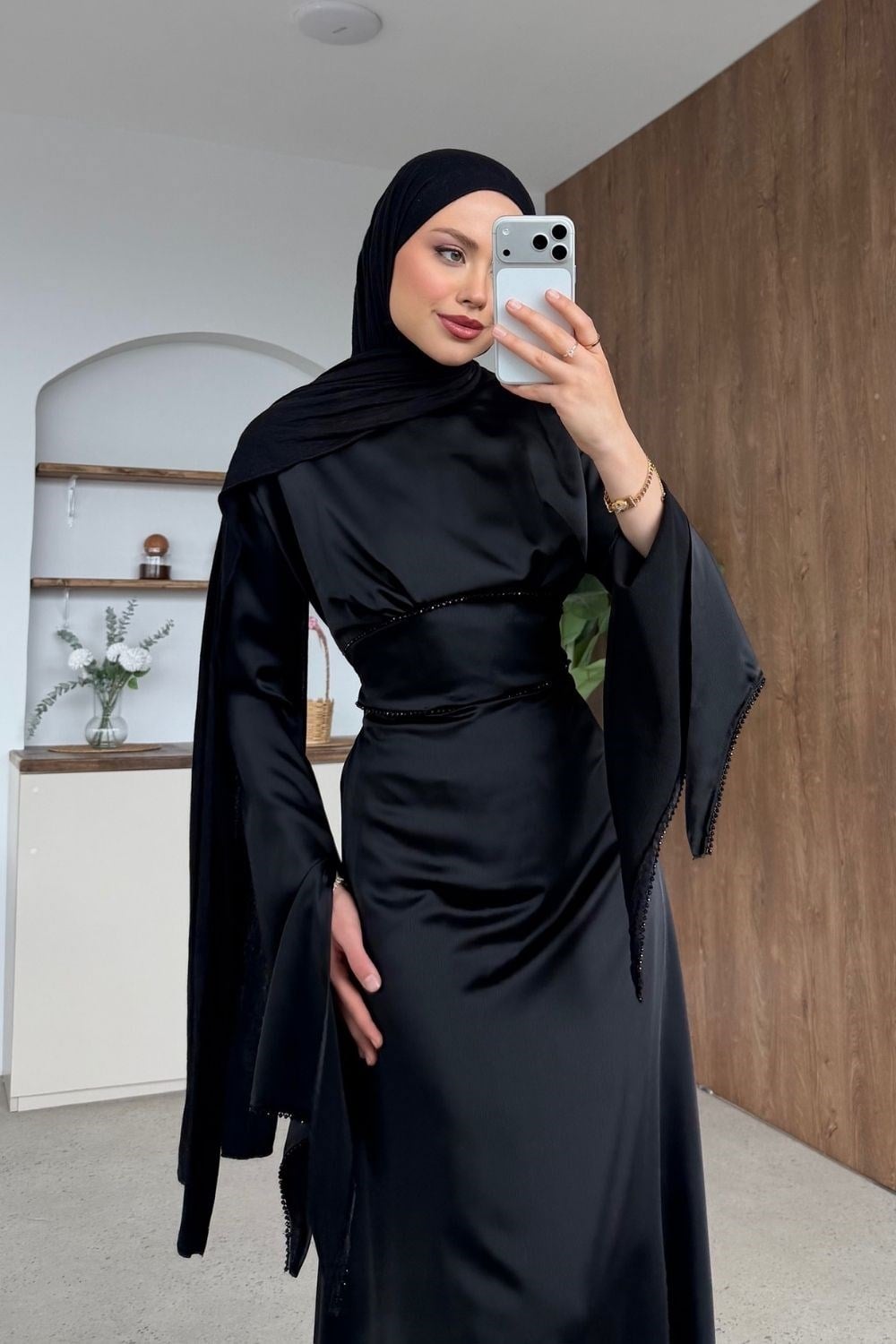 Moneva Kolları Yırtmaçlı Abiye Siyah