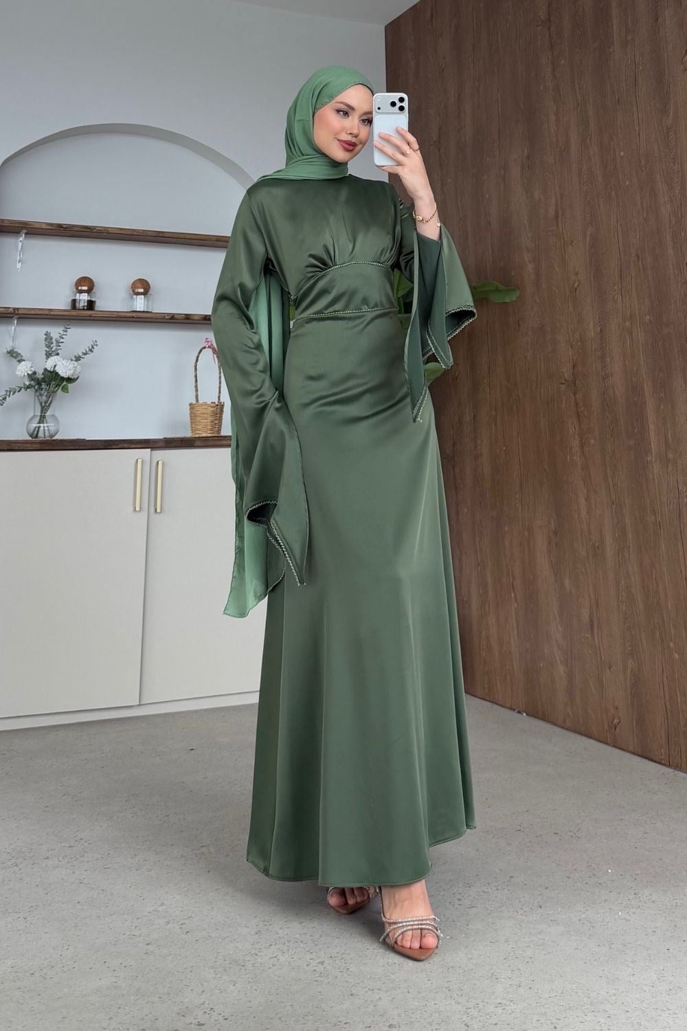 Moneva Kolları Yırtmaçlı Abiye Yeşil
