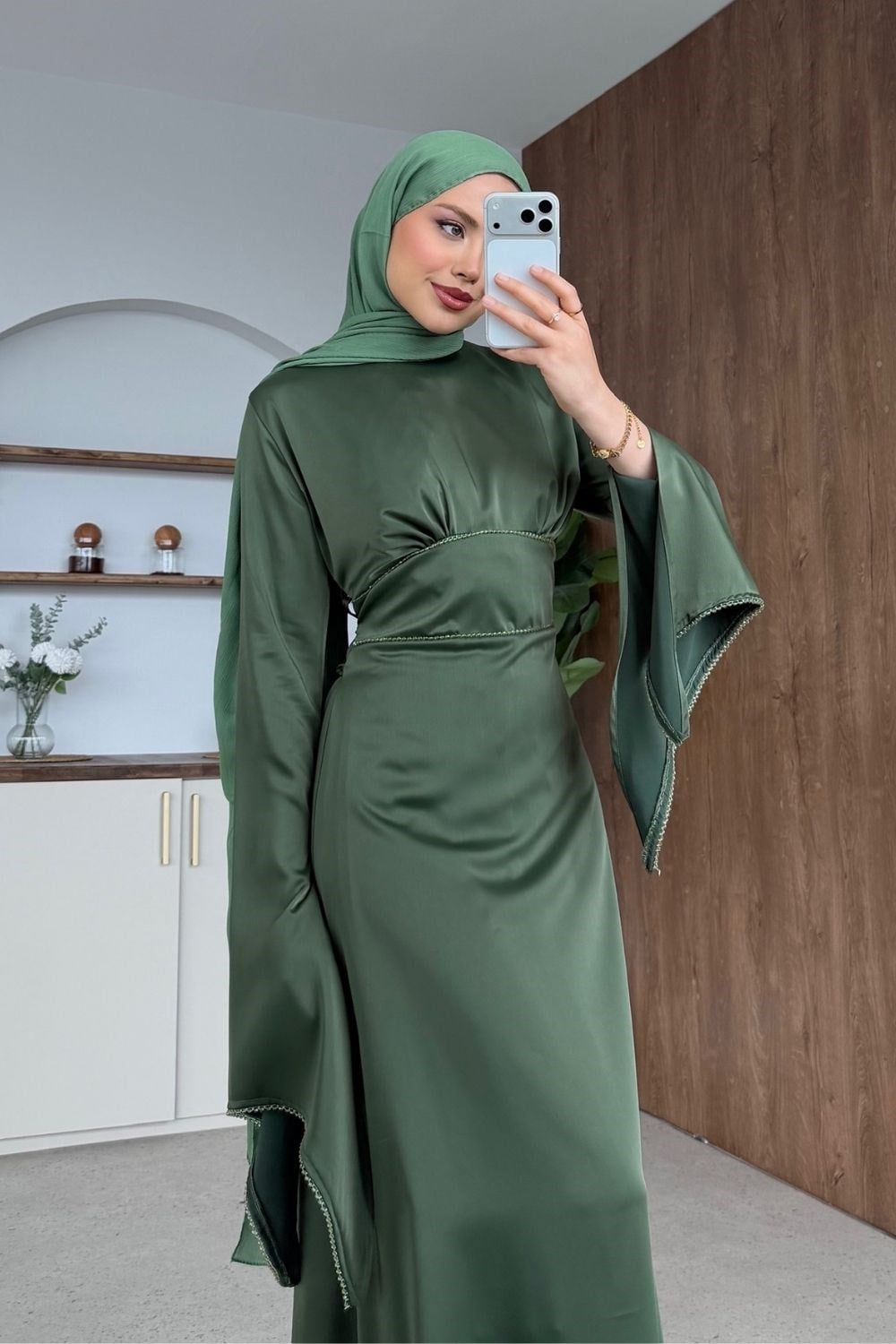 Moneva Kolları Yırtmaçlı Abiye Yeşil
