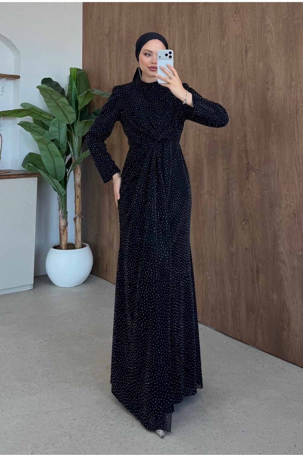 Nazen Taşlı Drapeli Abiye Siyah