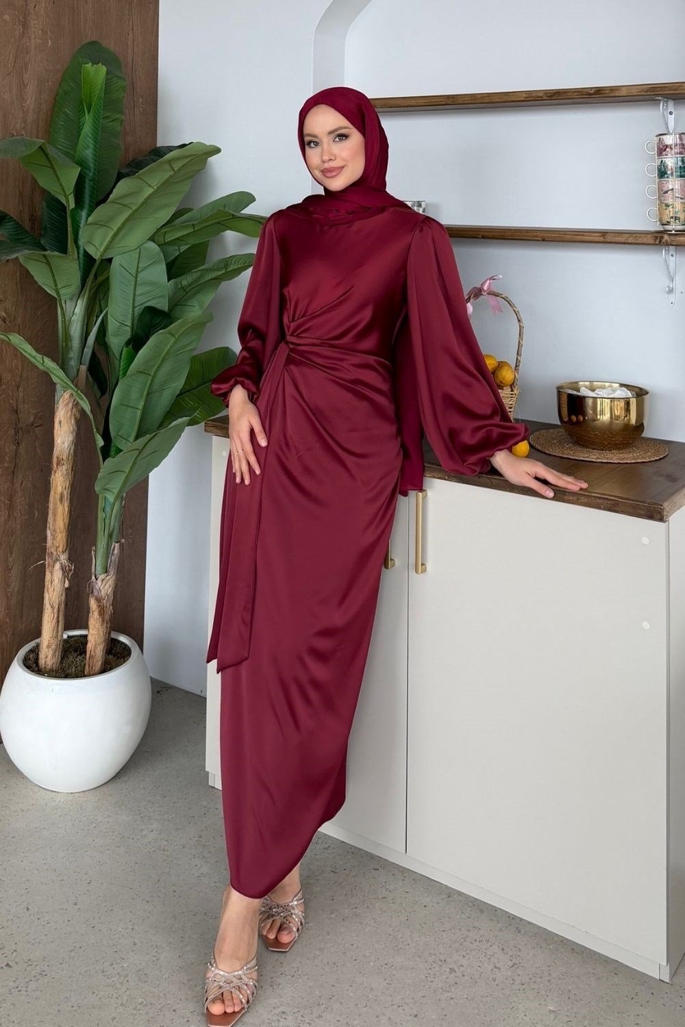 Noctira Saten Elbise Bordo