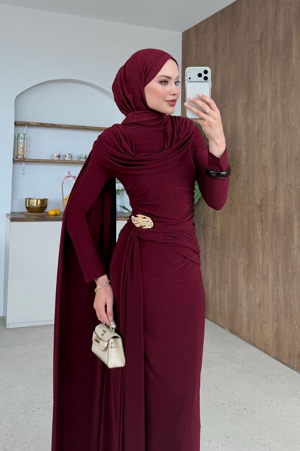 Sultan Şal Detay Elbise Bordo