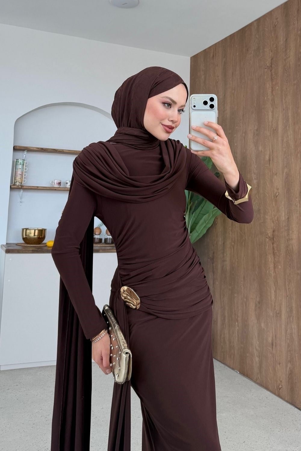 Sultan Şal Detay Elbise Kahverengi