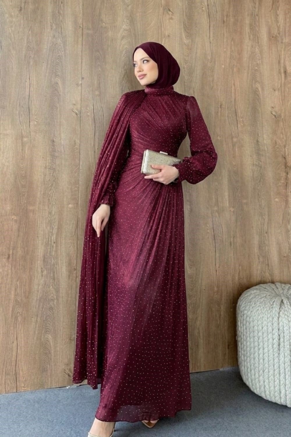 Taş Detaylı Abiye Bordo