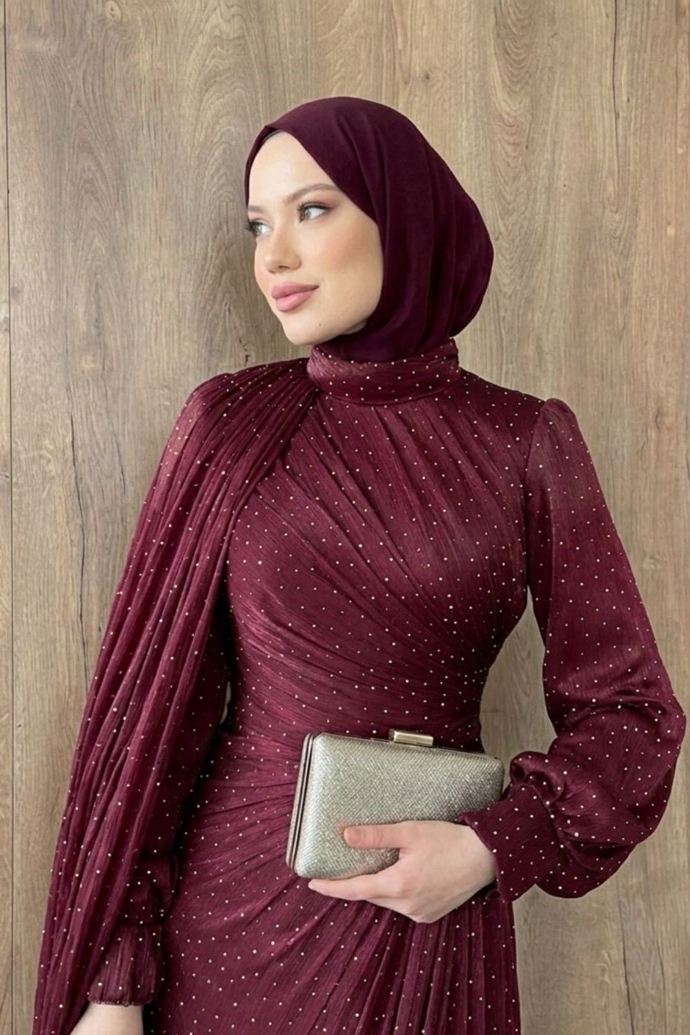 Taş Detaylı Abiye Bordo