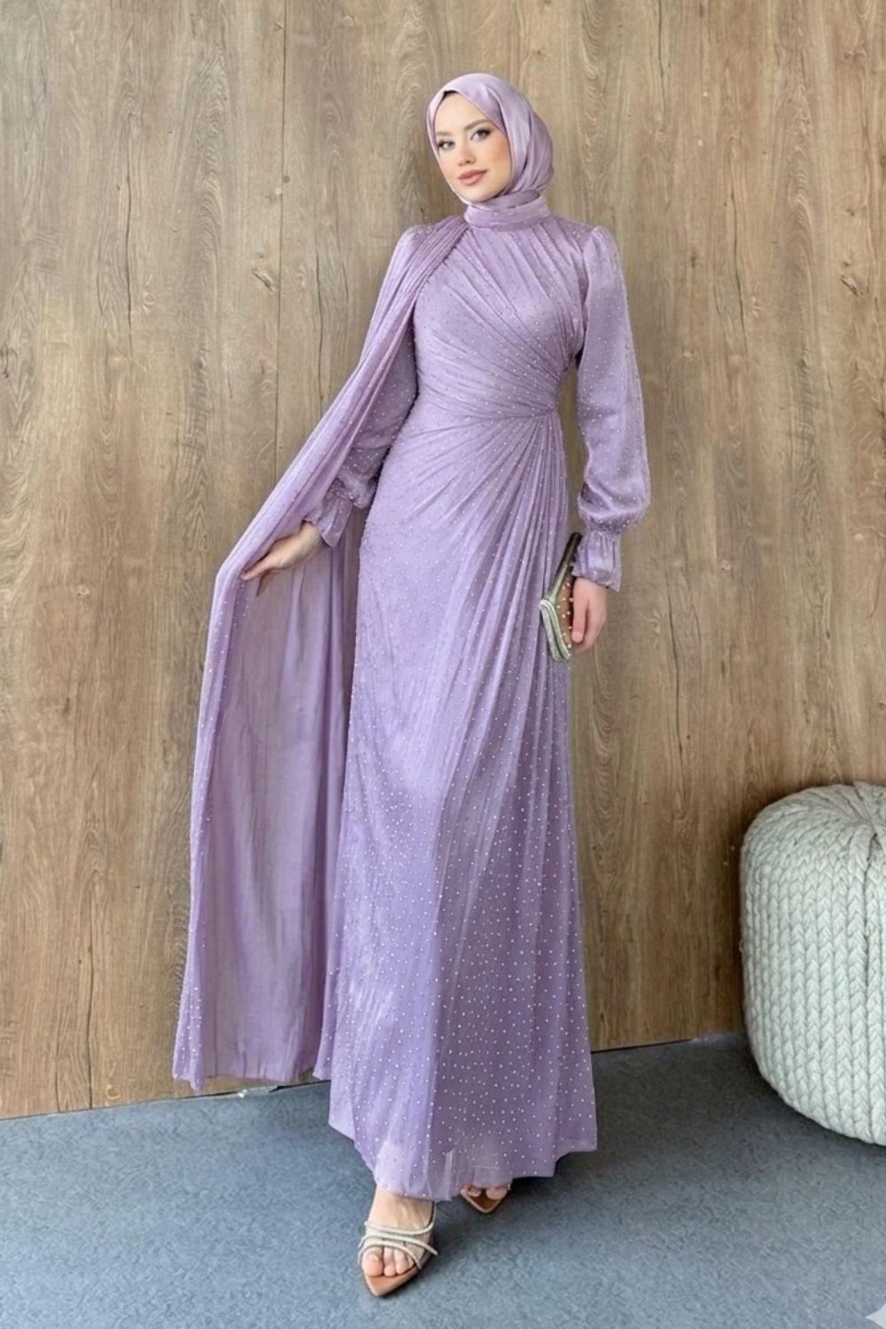 Taş Detaylı Abiye Lila