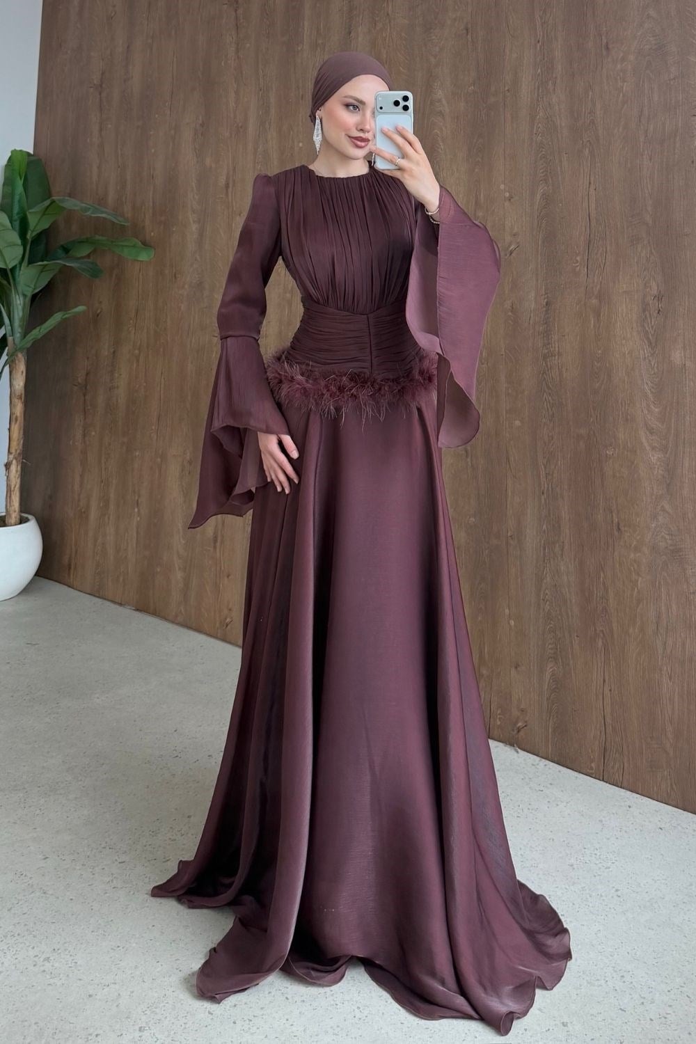 Yonca Bel Drape Tüylü Abiye Gül Kurusu