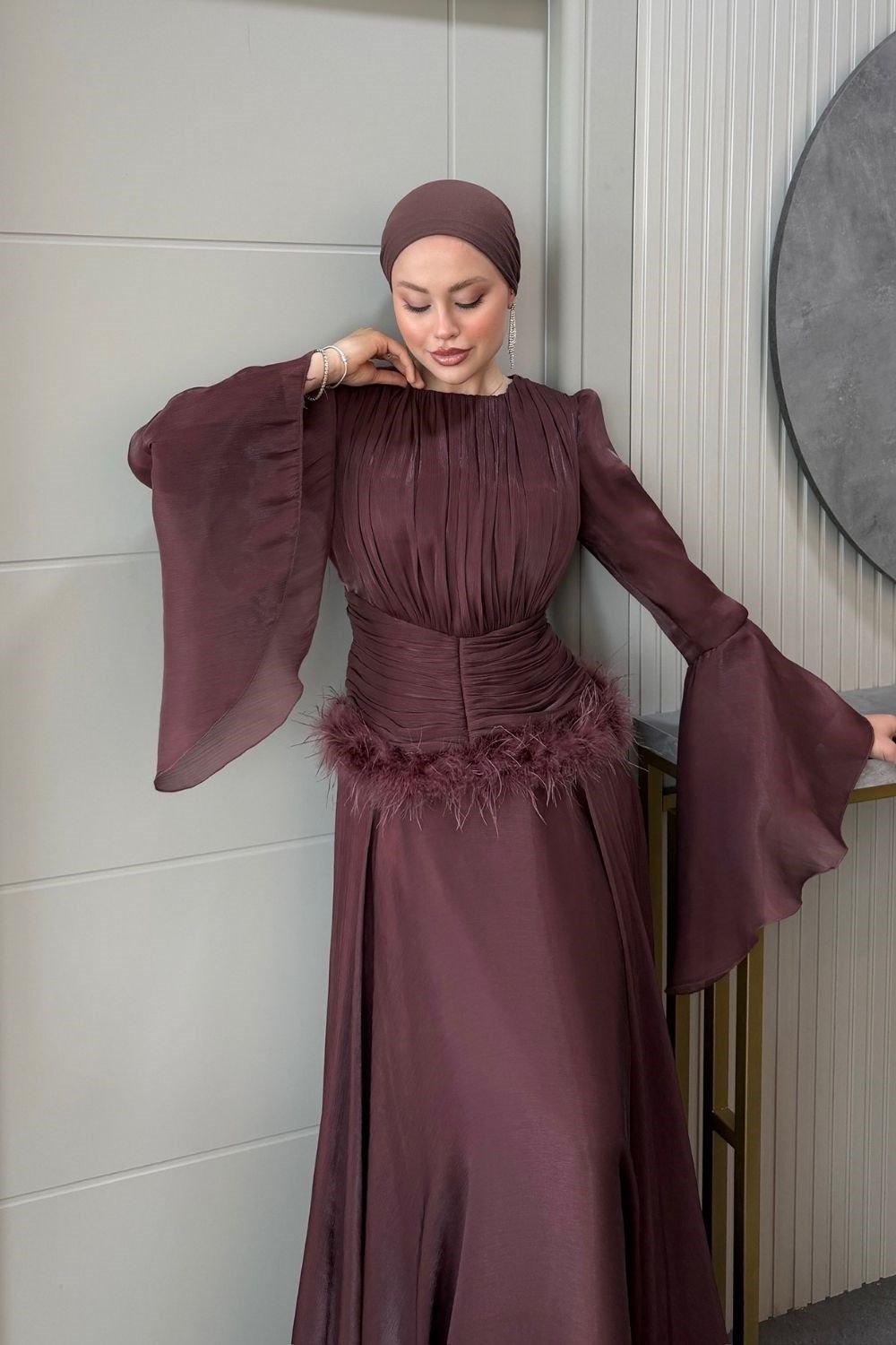 Yonca Bel Drape Tüylü Abiye Gül Kurusu