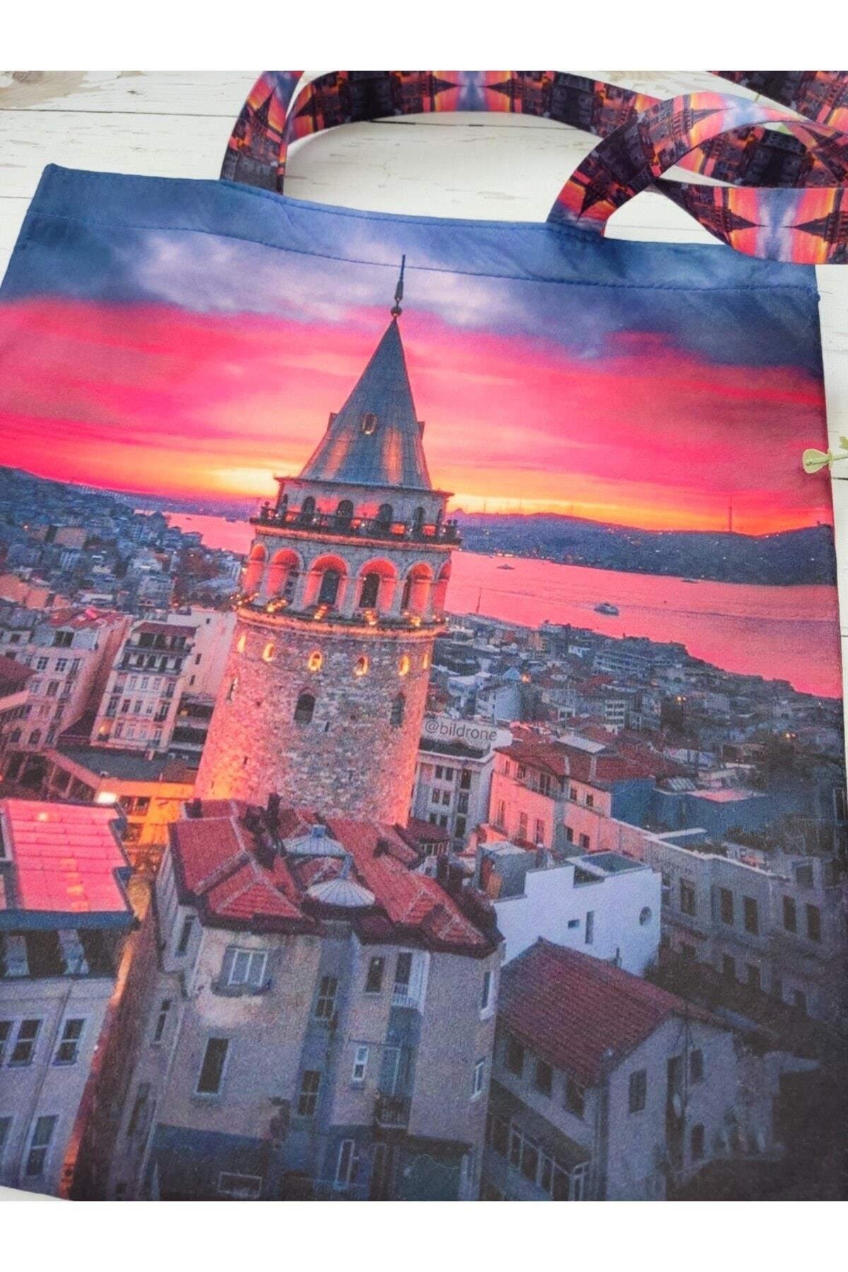 Galata Kulesi İstanbul Desenli Baskılı Kumaş Çanta Omuz Askılı Bez Çanta