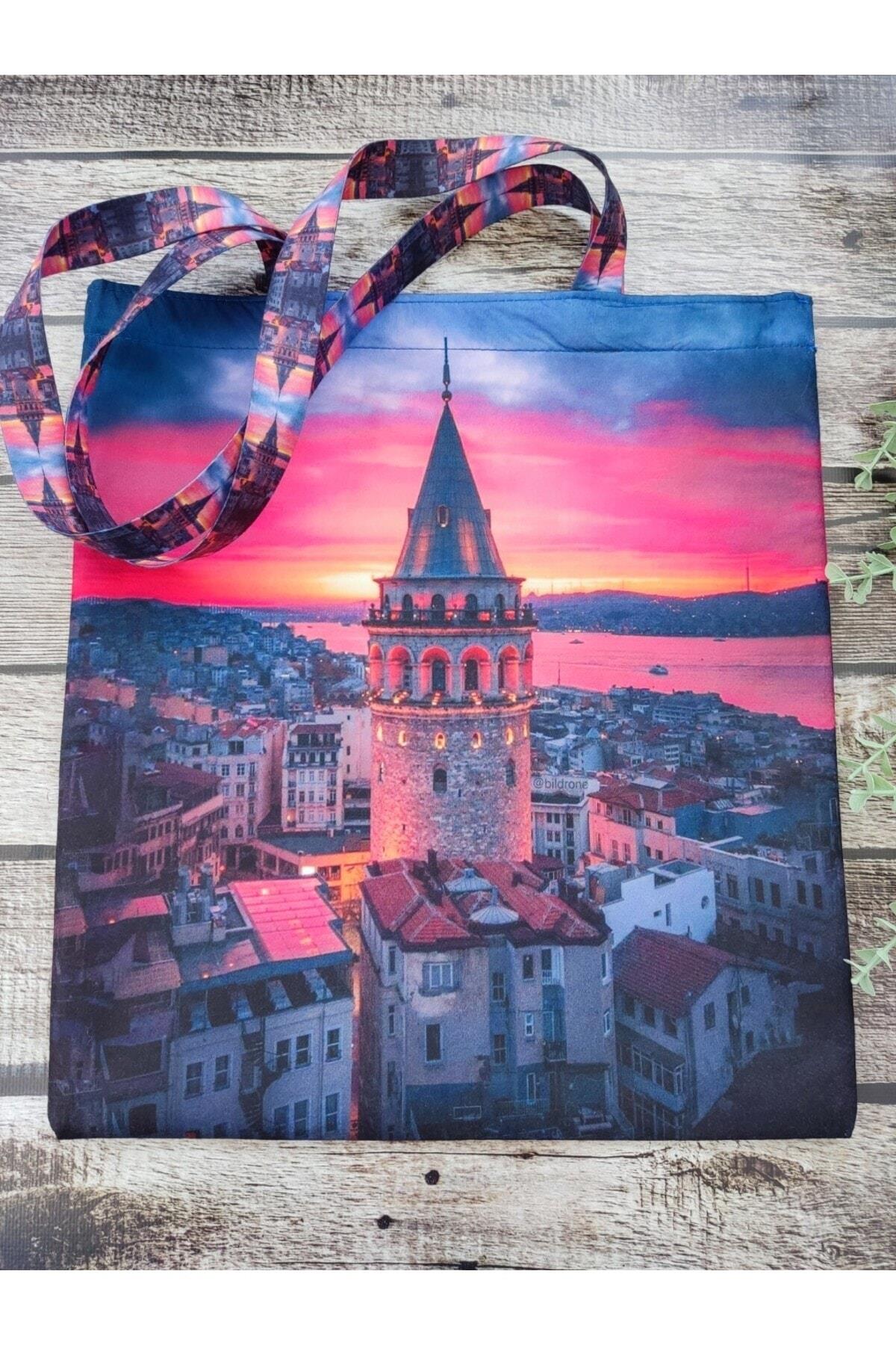 Galata Kulesi İstanbul Desenli Baskılı Kumaş Çanta Omuz Askılı Bez Çanta