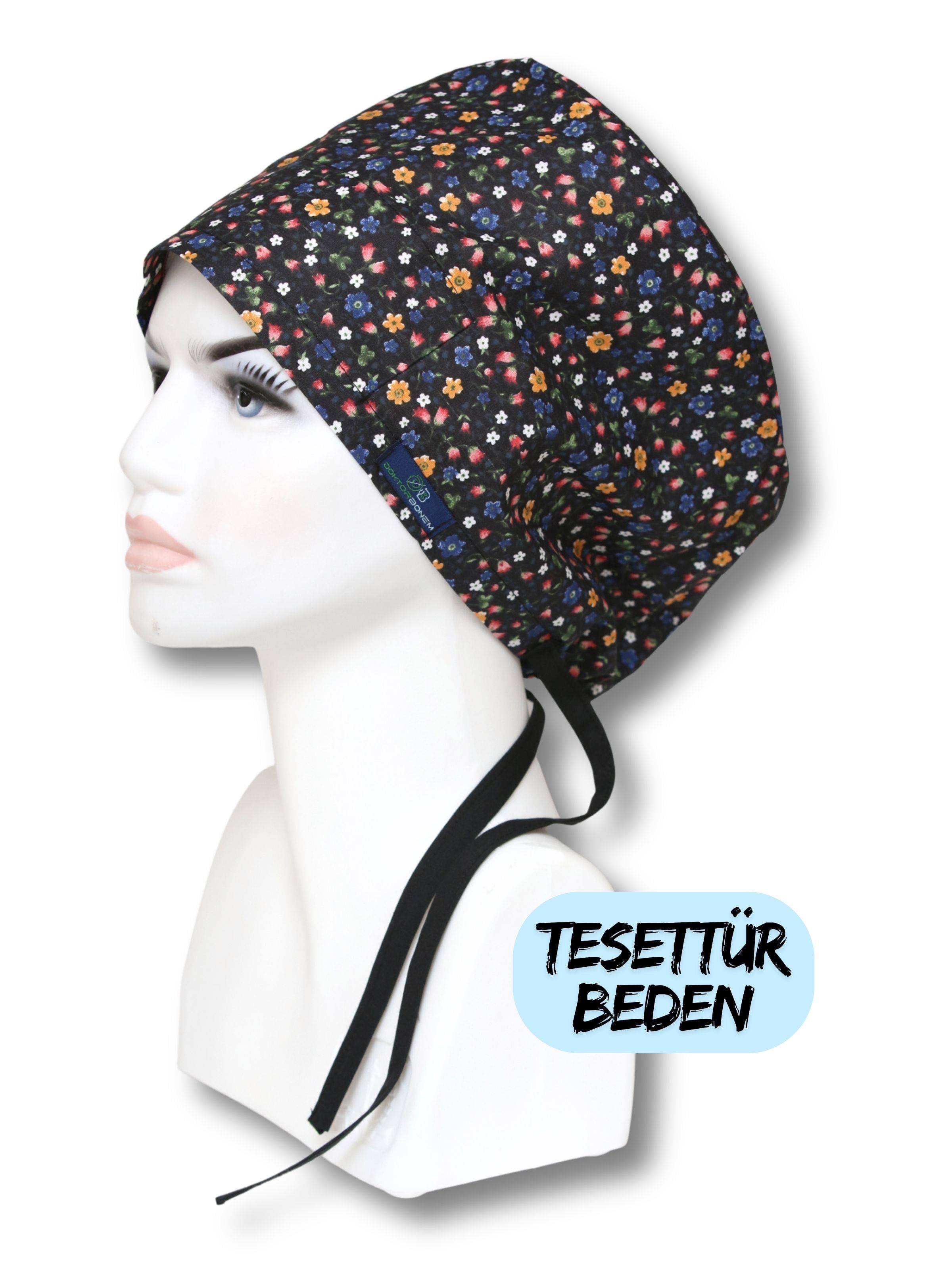 Tesettür Siyah Çıtır Çiçek Desenli Cerrahi Bone Doktor Hemşire Sağlıkçı Bonesi Geniş Kesim