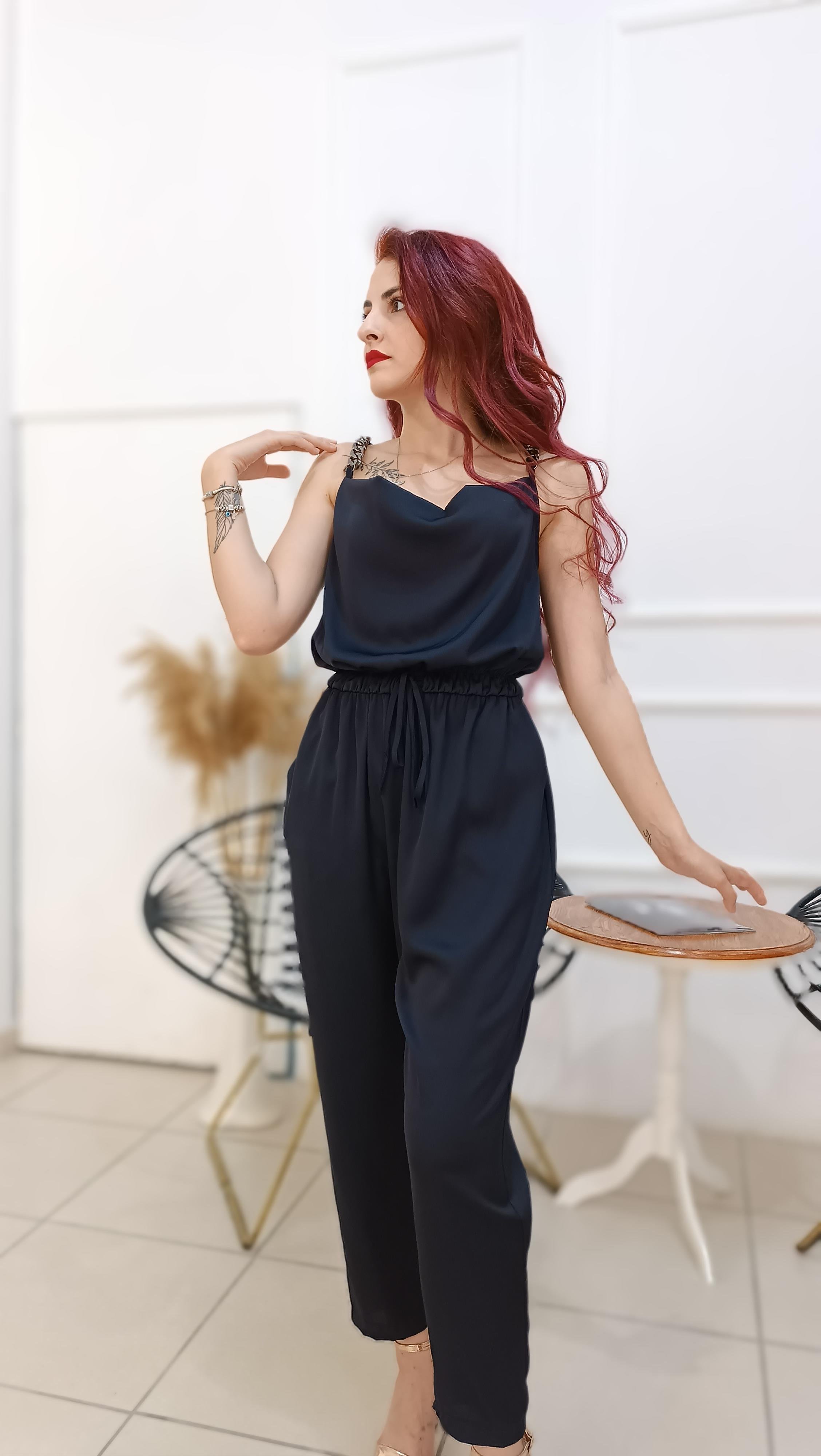 Askıları Zincir Detaylı Beli Lastikli Saten Tulum
