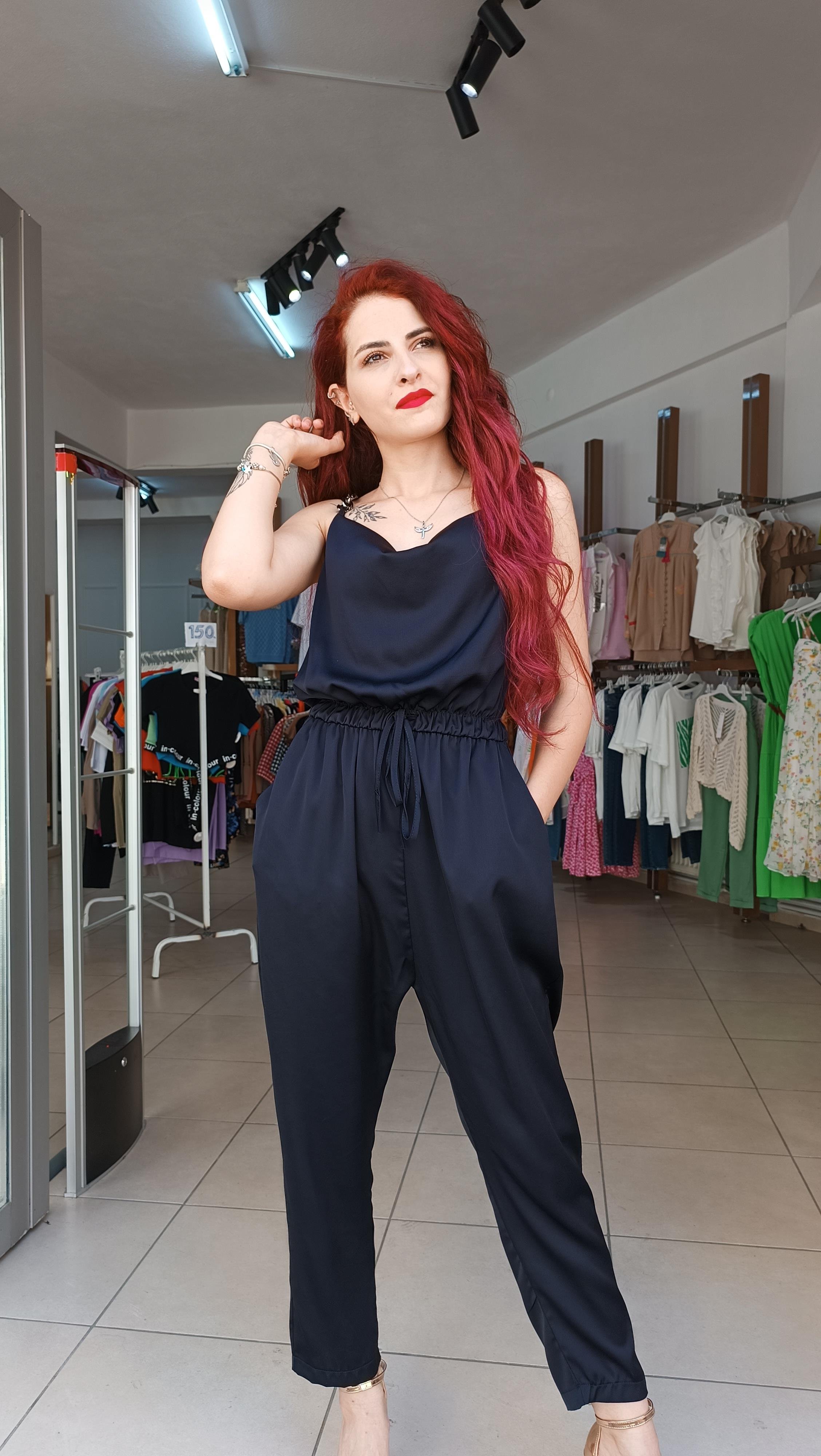 Askıları Zincir Detaylı Beli Lastikli Saten Tulum