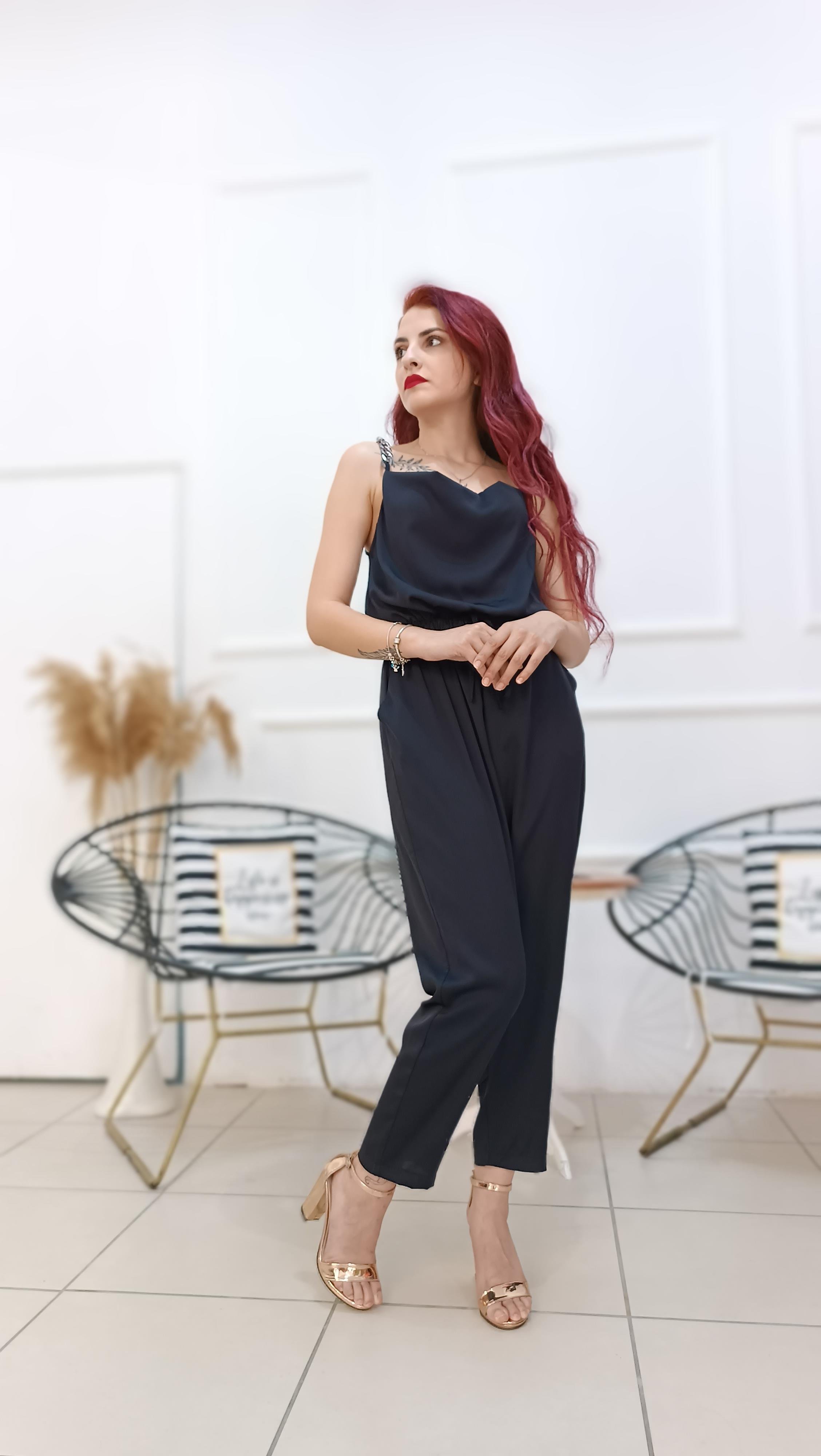 Askıları Zincir Detaylı Beli Lastikli Saten Tulum