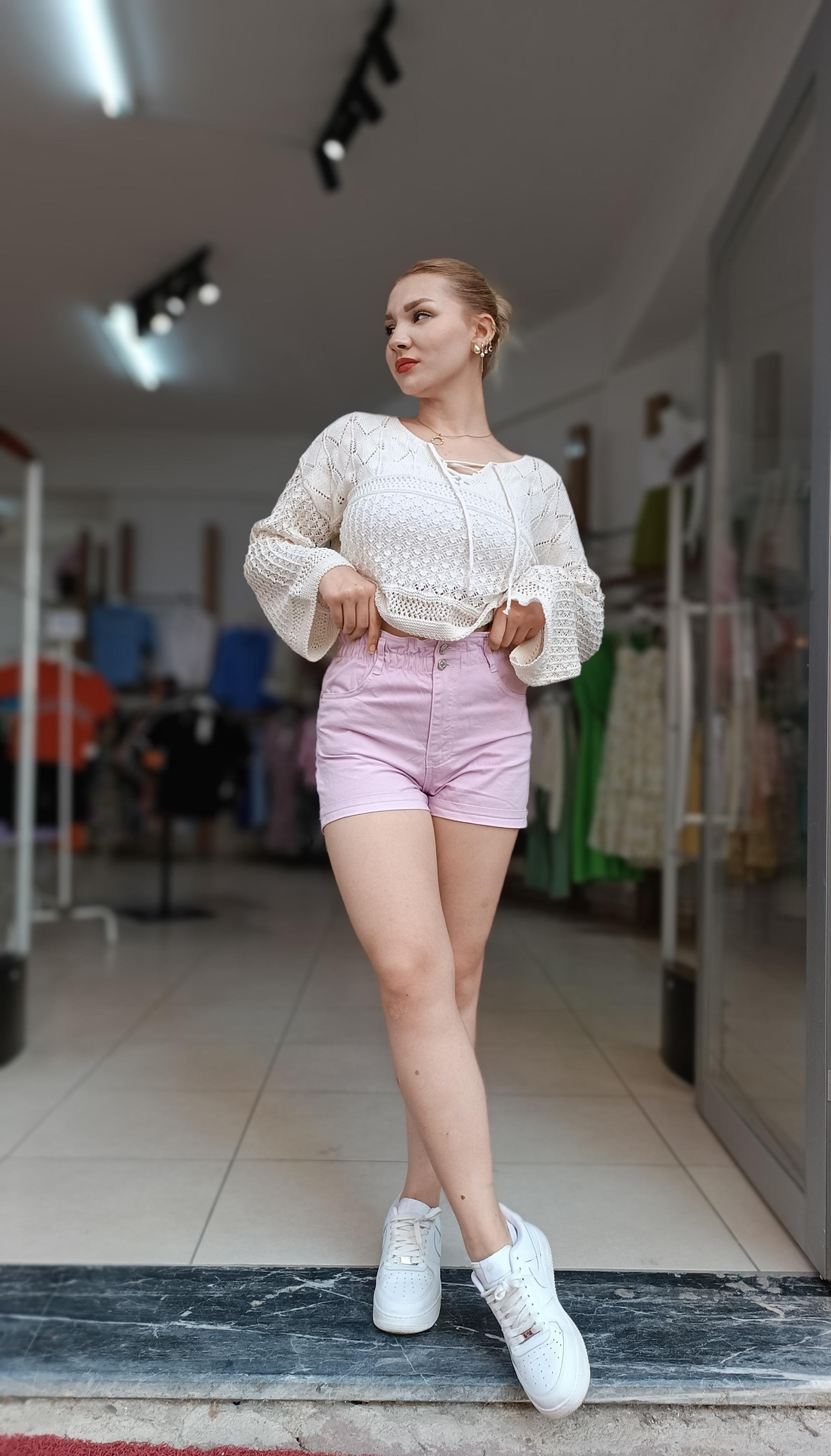 Bel Kısmı Lastikli Double Paça Lila Şort