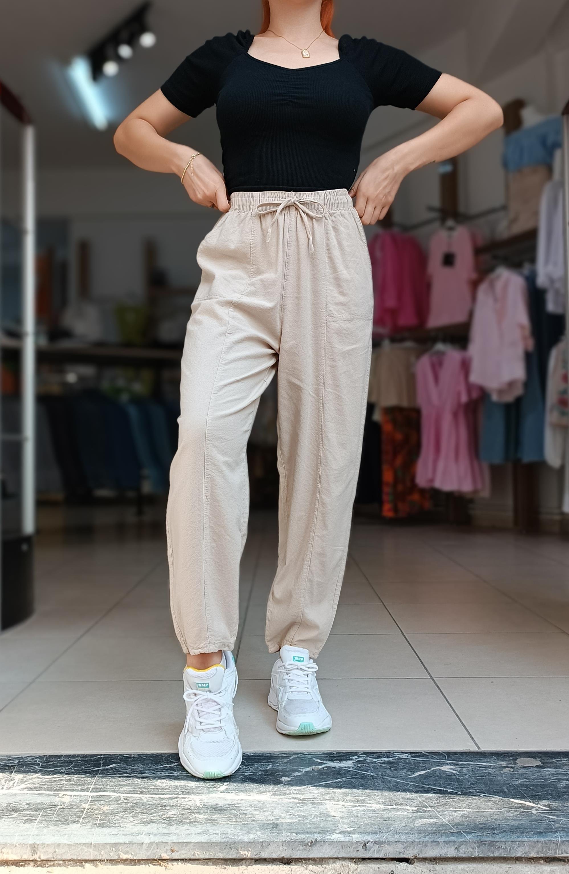 Beli Lastikli İki Yanı Cepli Keten Pantolon