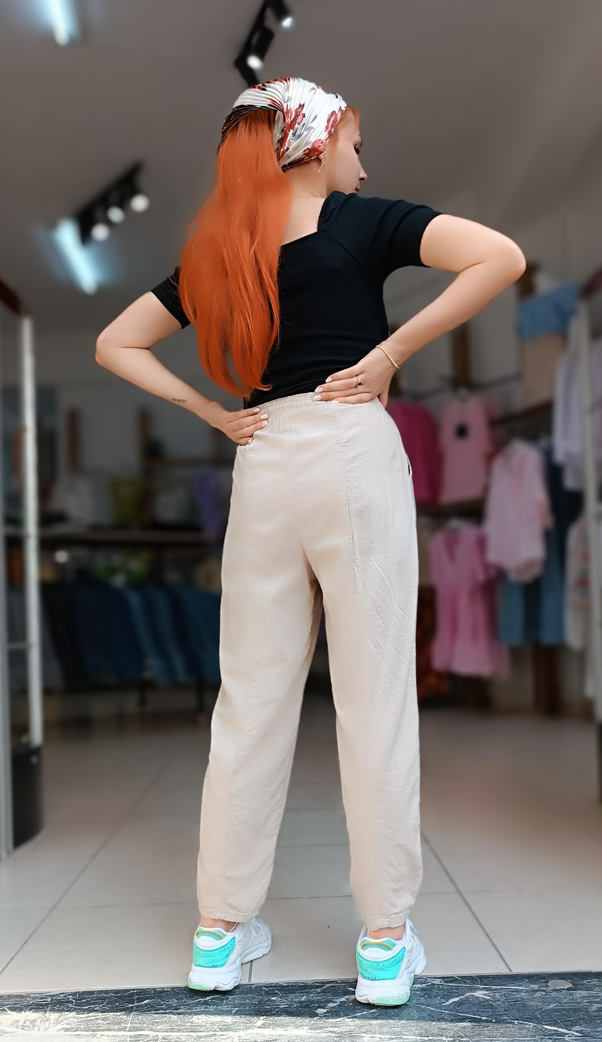 Beli Lastikli İki Yanı Cepli Keten Pantolon