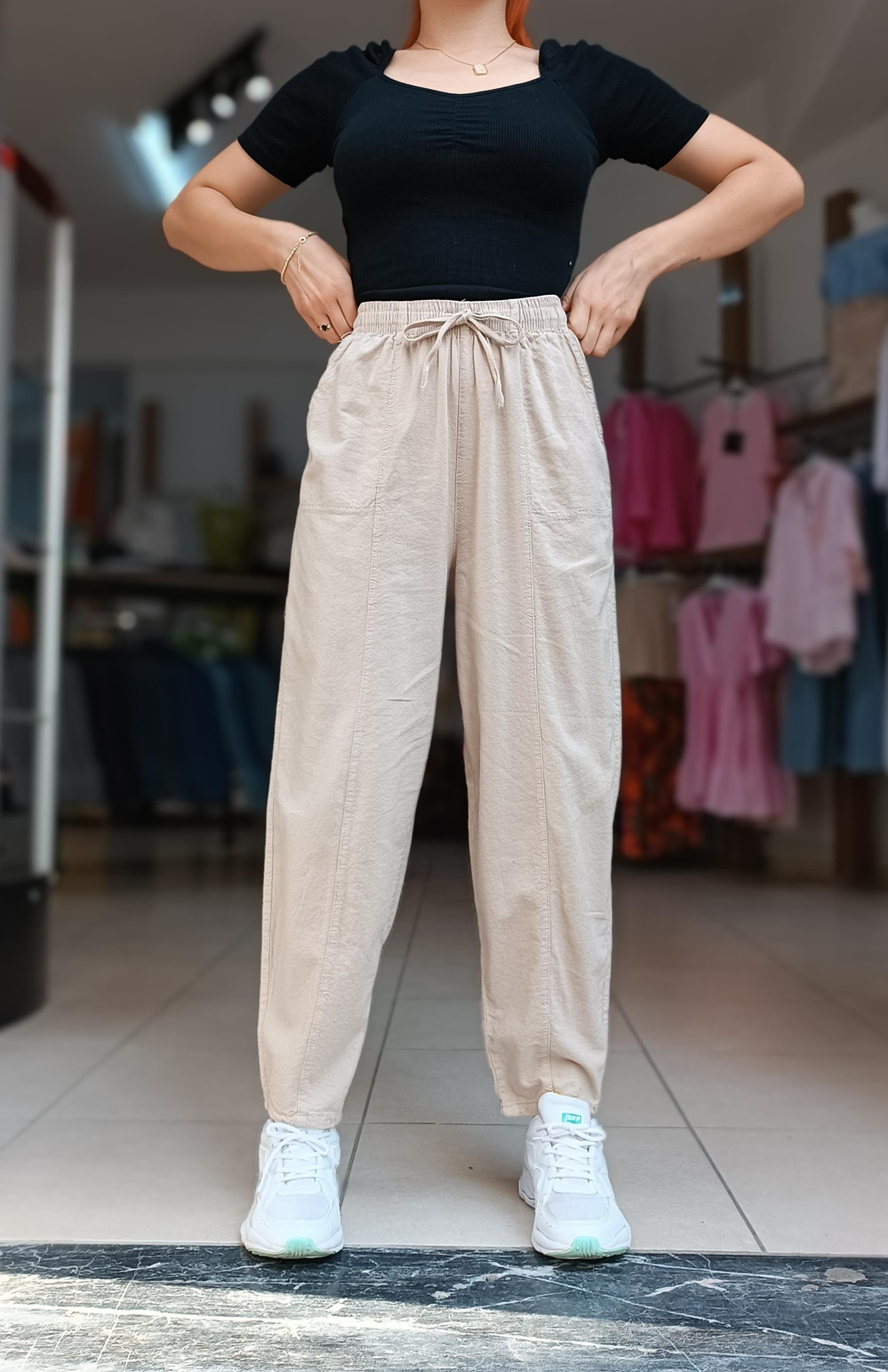 Beli Lastikli İki Yanı Cepli Keten Pantolon