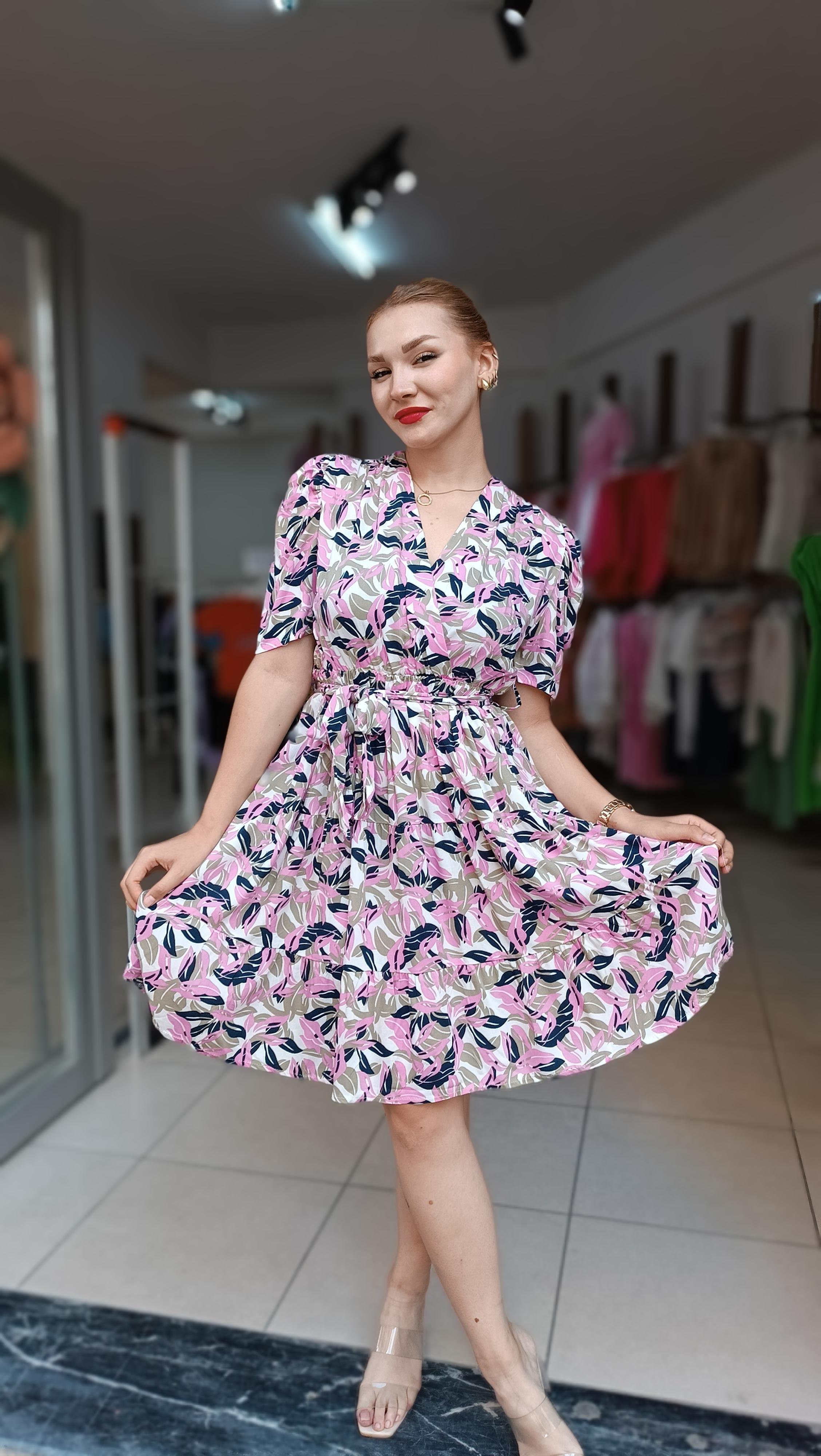 Beli Lastikli Kruvaze Yaka Elbise