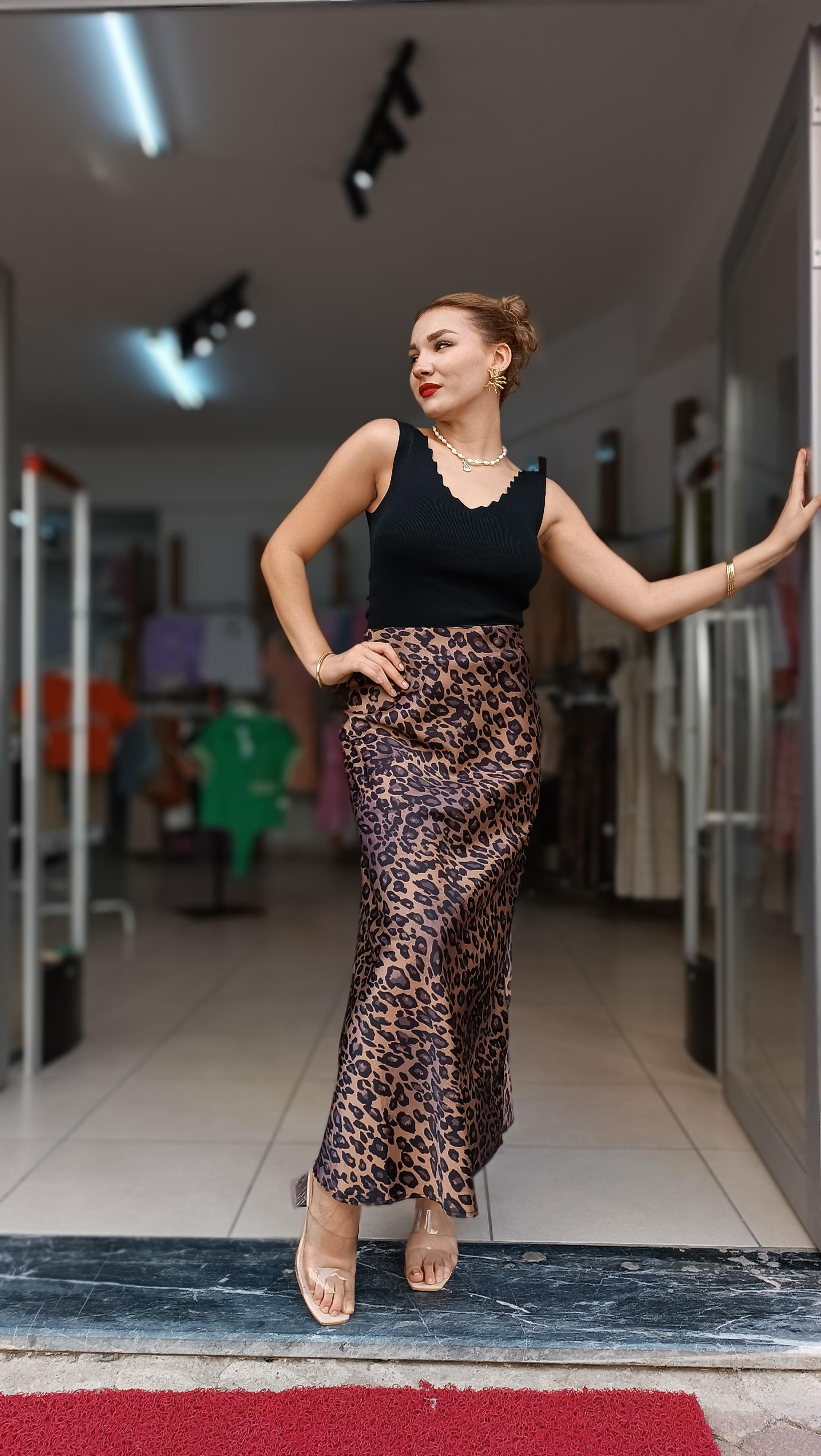 Beli Lastikli Leopar Desen Saten Etek