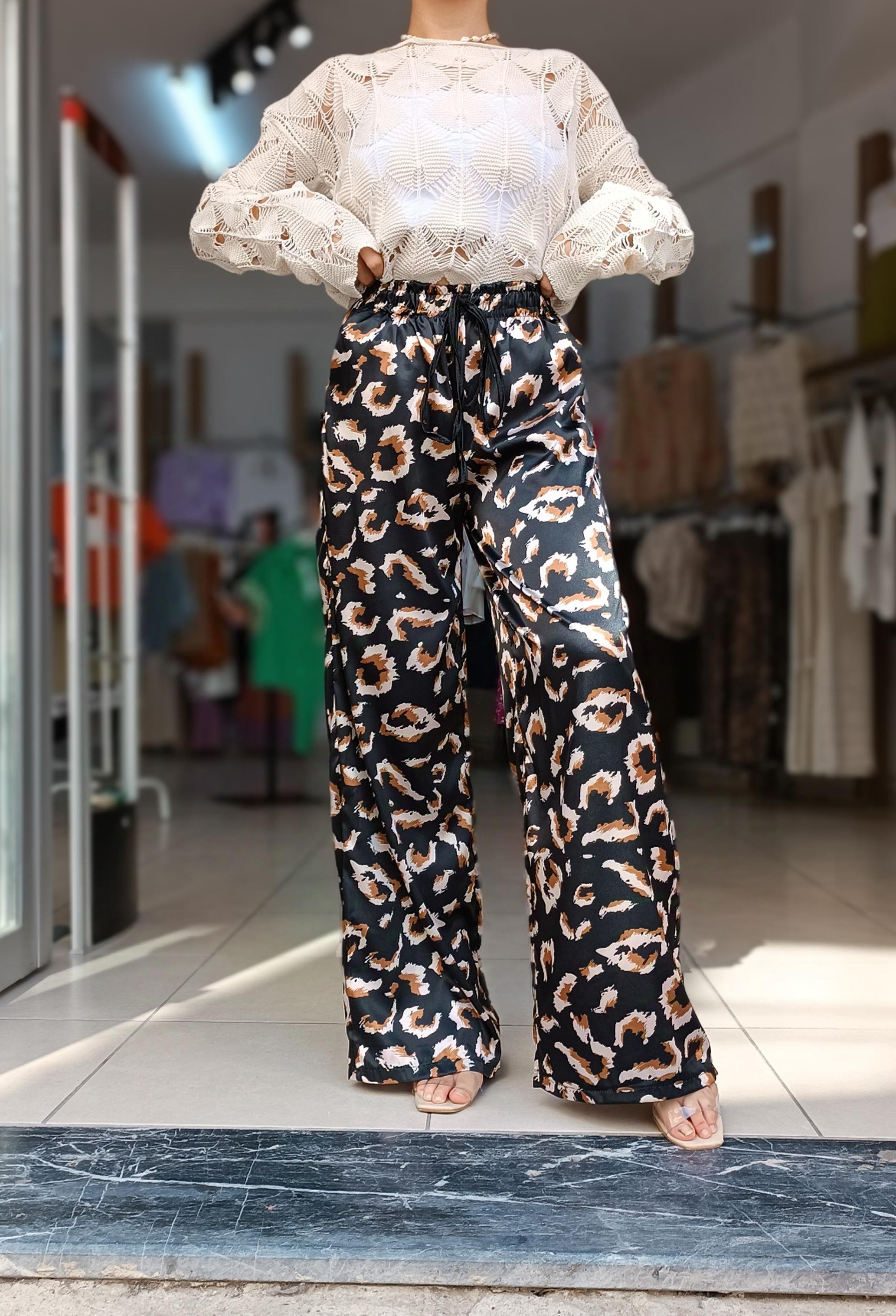 Beli Lastikli Leopar Desen Saten Pantolon
