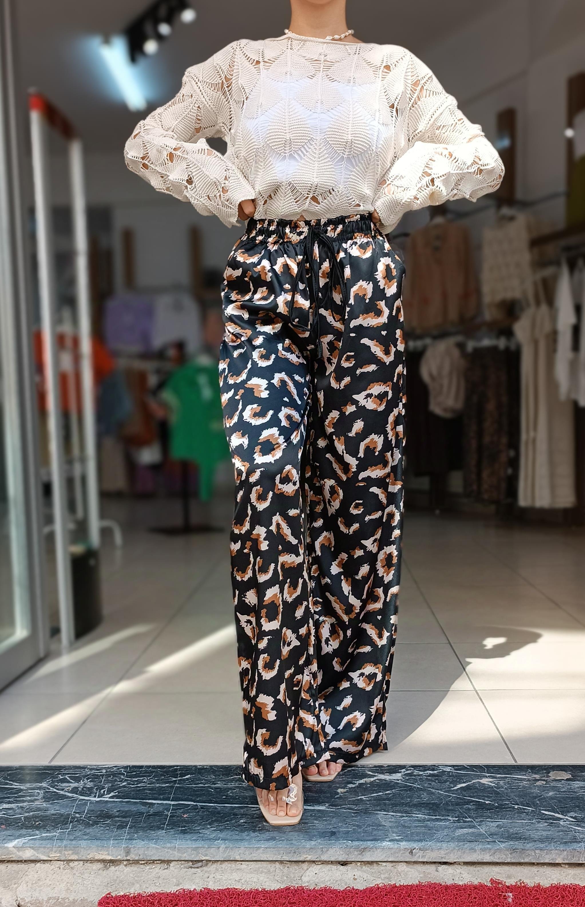 Beli Lastikli Leopar Desen Saten Pantolon