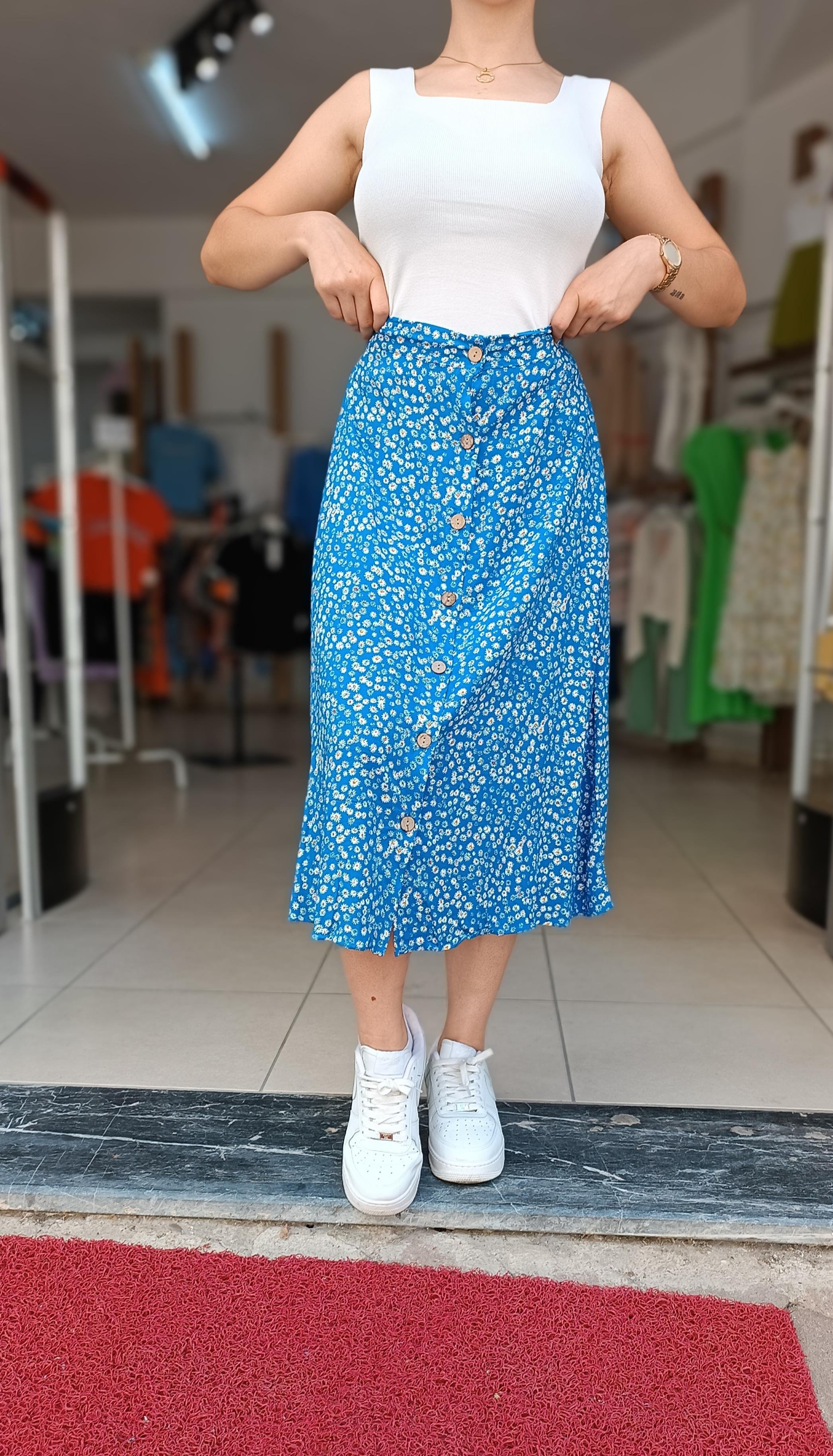 Beli Lastikli Önden Düğmeli Çiçek Desen Etek