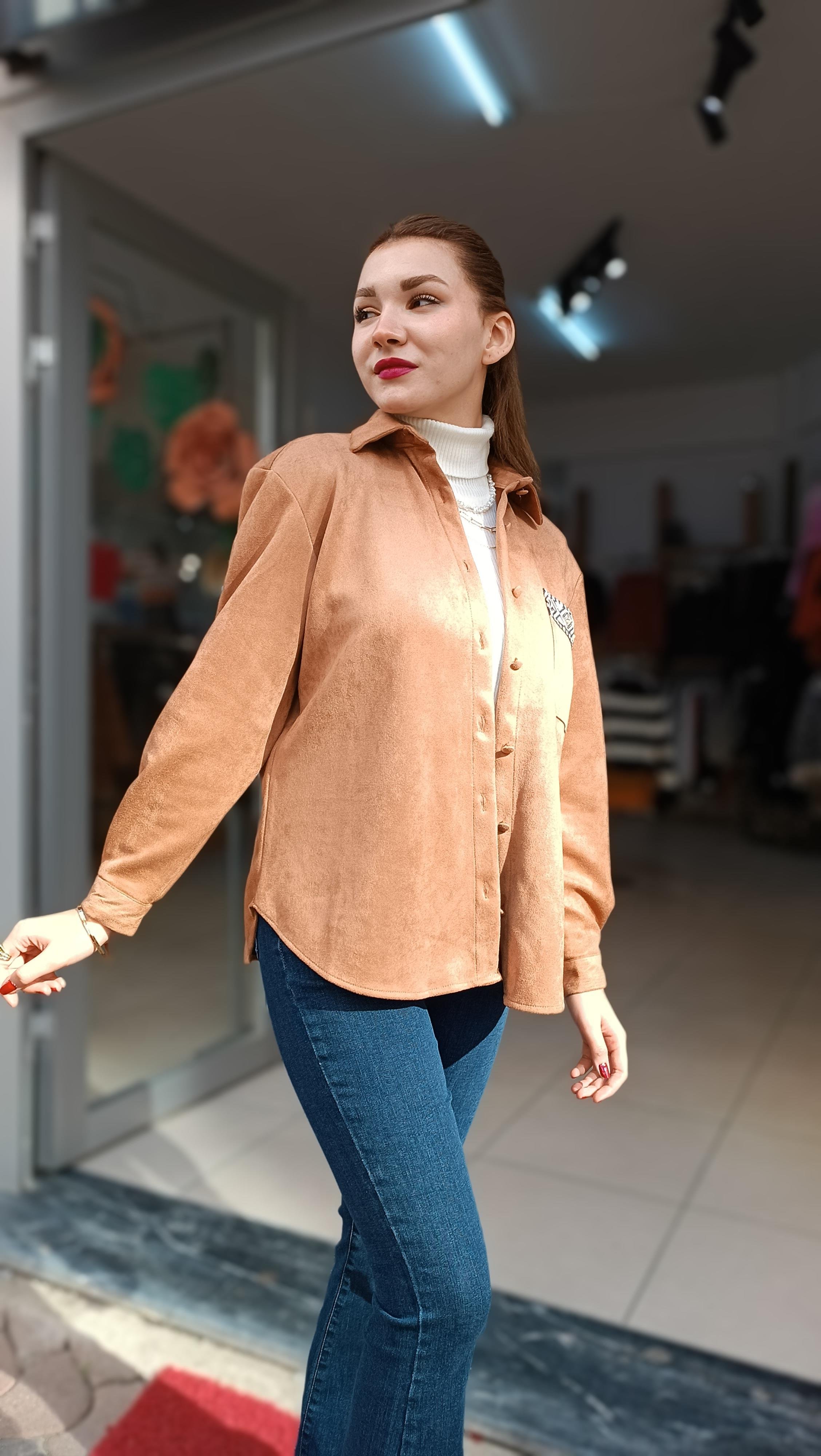 Cep Kısmı Nakışlı Oversize Kalıp Nubuk Ceket Gömlek