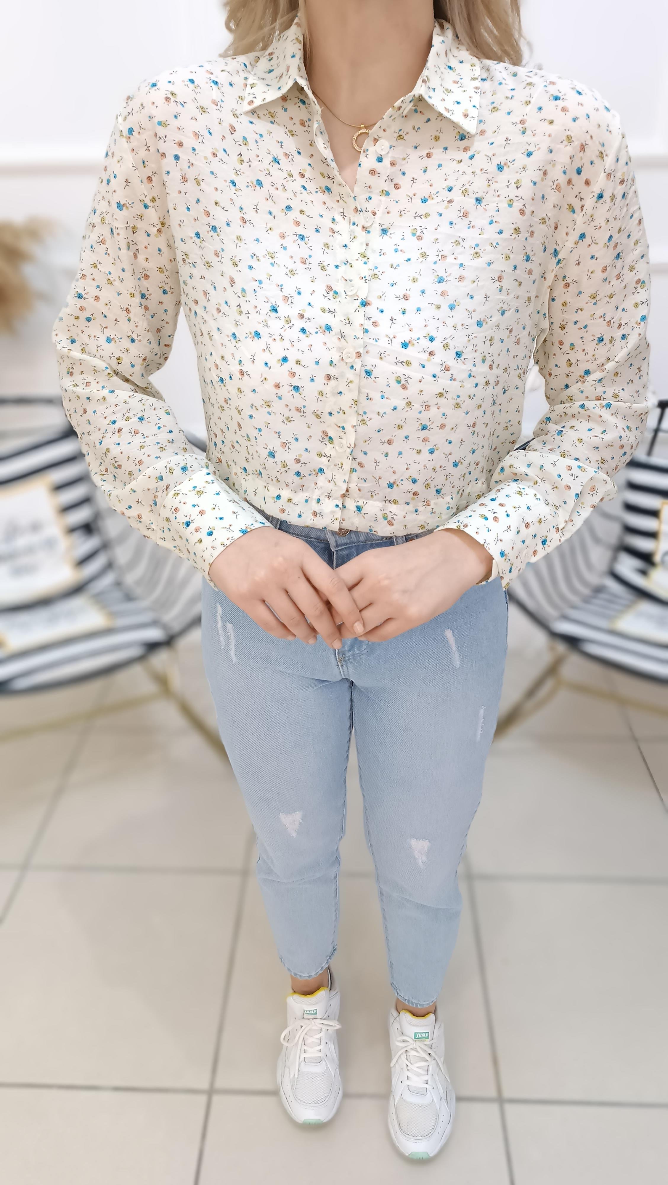 Çiçek Desenli Tiril Tiril Crop Gömlek