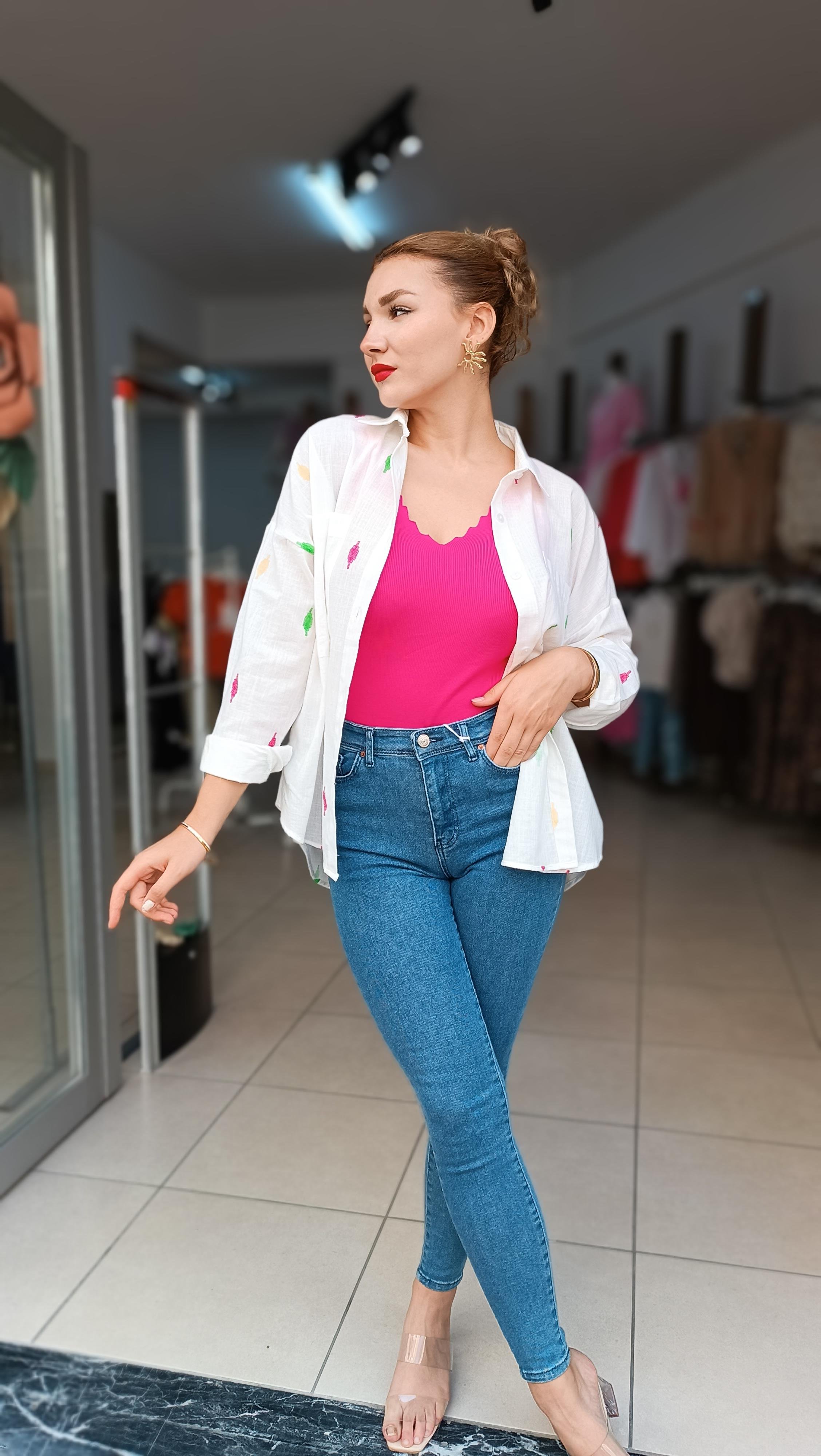 Damla Desenli Oversize Ham Keten Gömlek