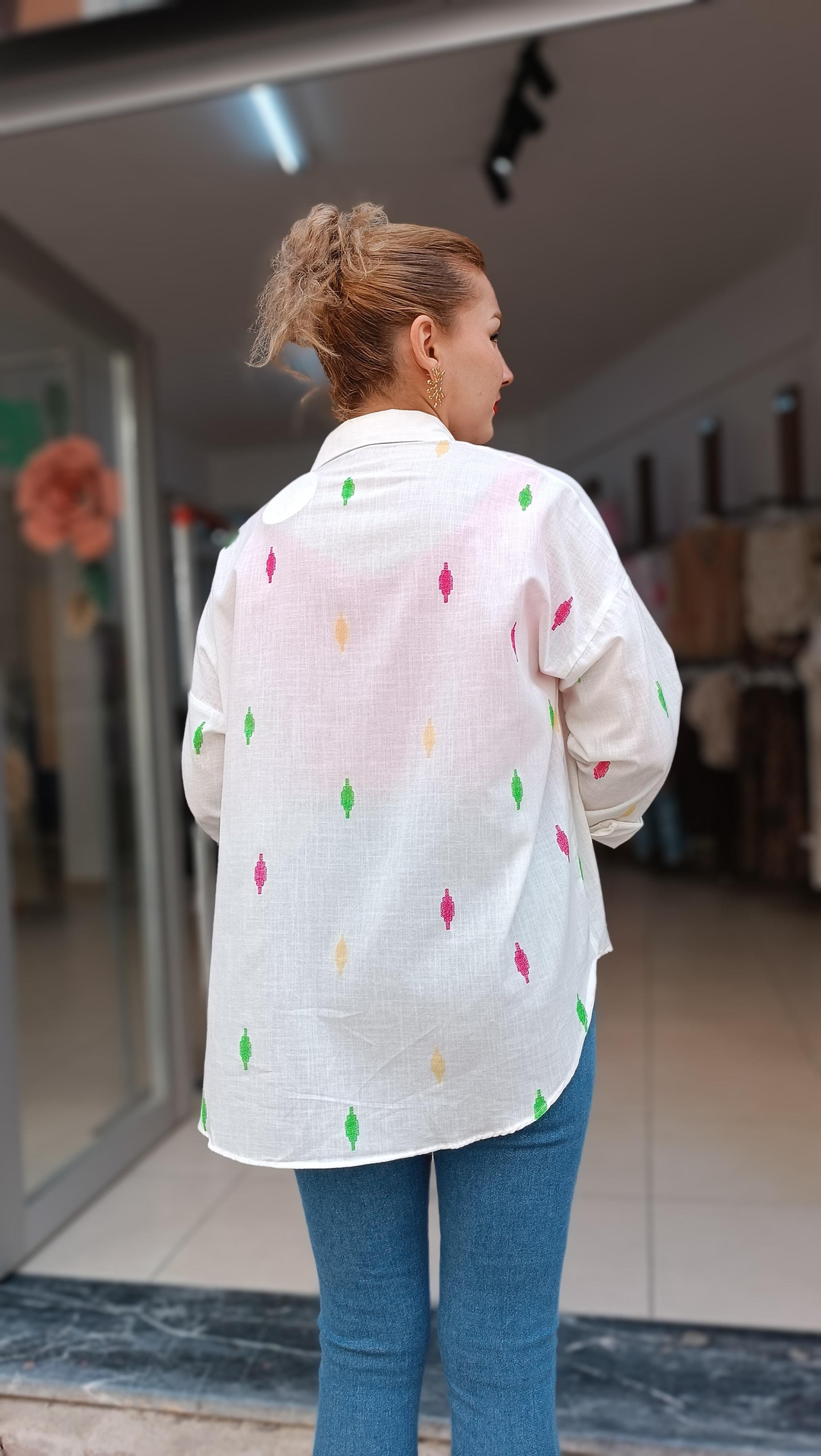 Damla Desenli Oversize Ham Keten Gömlek