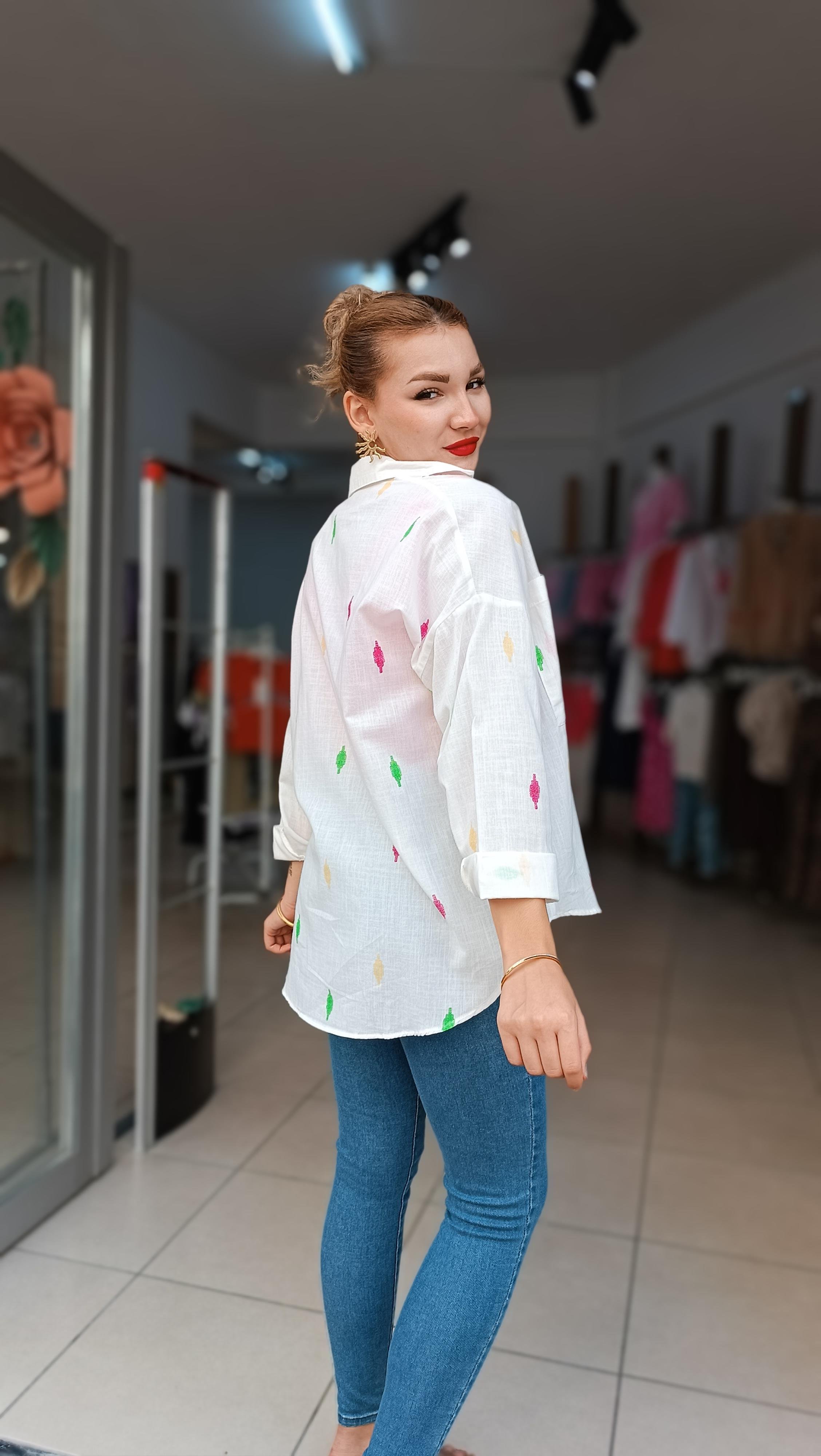 Damla Desenli Oversize Ham Keten Gömlek